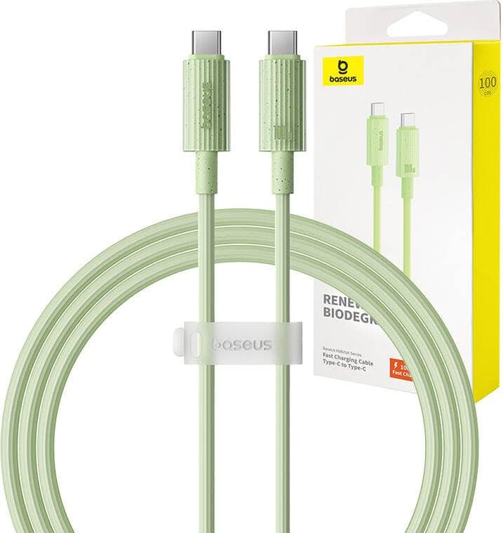 Биоразградим USB кабел за устройства с USB-C порт (100 см) - Baseus Habitat USB-C to USB-C Cable 100W (зелен)