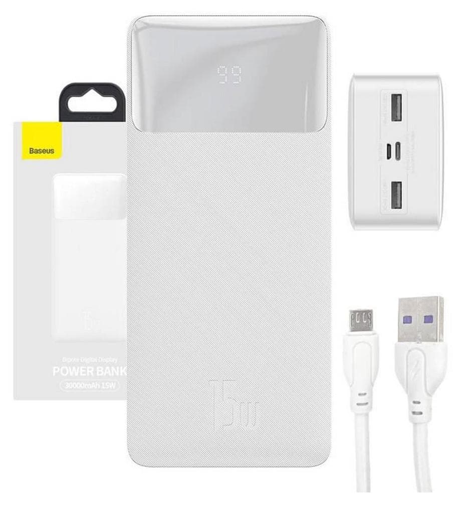 Външна батерия с 1xUSB-C и 2xUSB-A изходи с технология за бързо зареждане - Baseus Bipow Digital Display Power Bank 15W 30000mAh (PPBD050202) (бял)