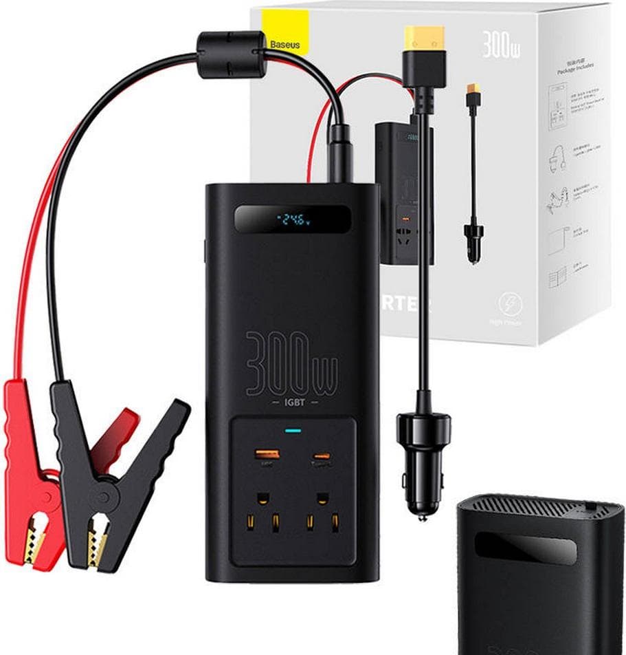 Инвертор за автомобил с 2xAC, USB-A и USB-C изходи (черен) - Baseus Inverter 300W (24V/220V CN/EU)