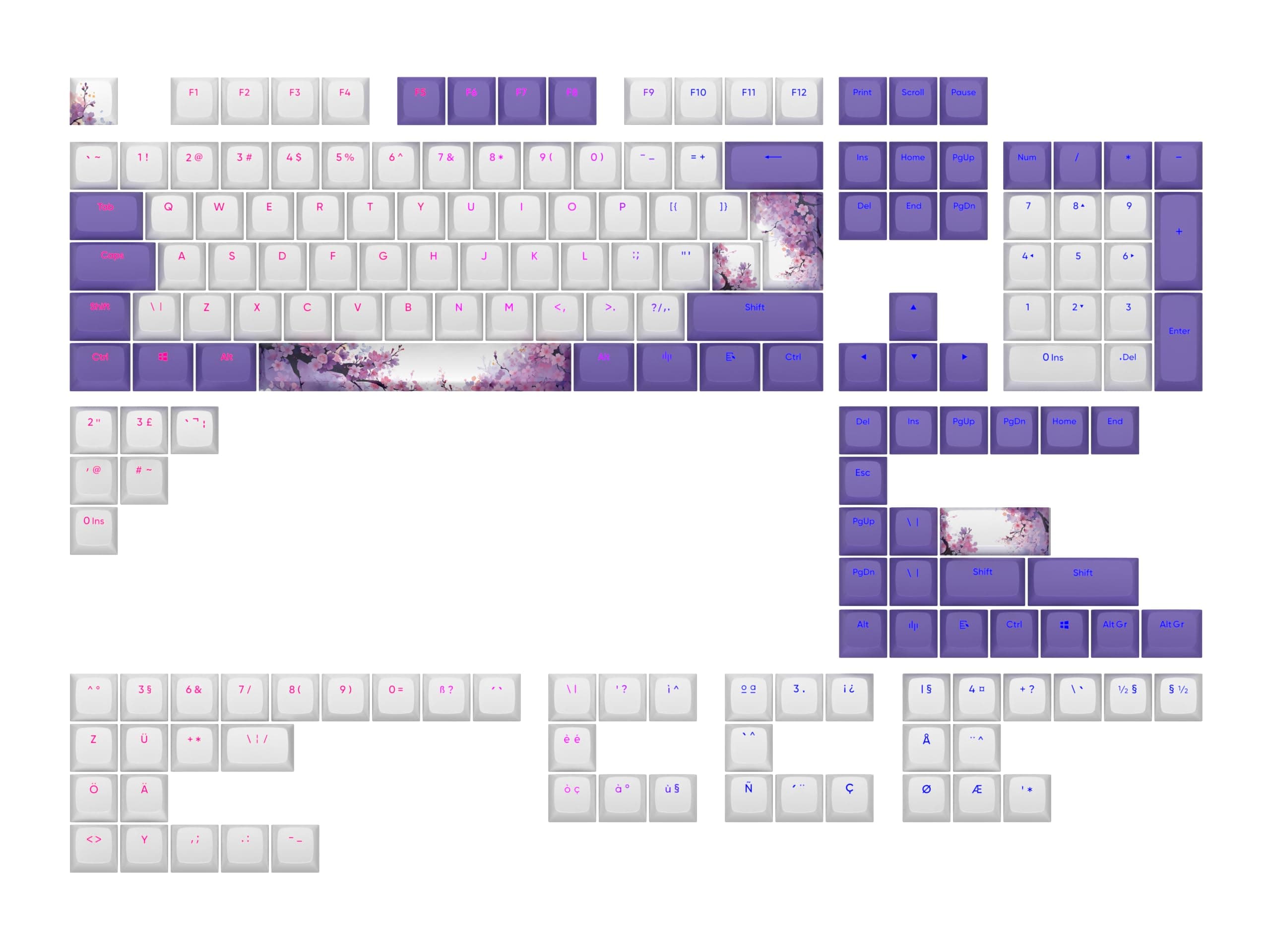 Капачки за механична клавиатура Dark Project Violet Horizons PBT, 177-Keycap Set, съвместими с US ANSI и UK ISO подредби клавиатури