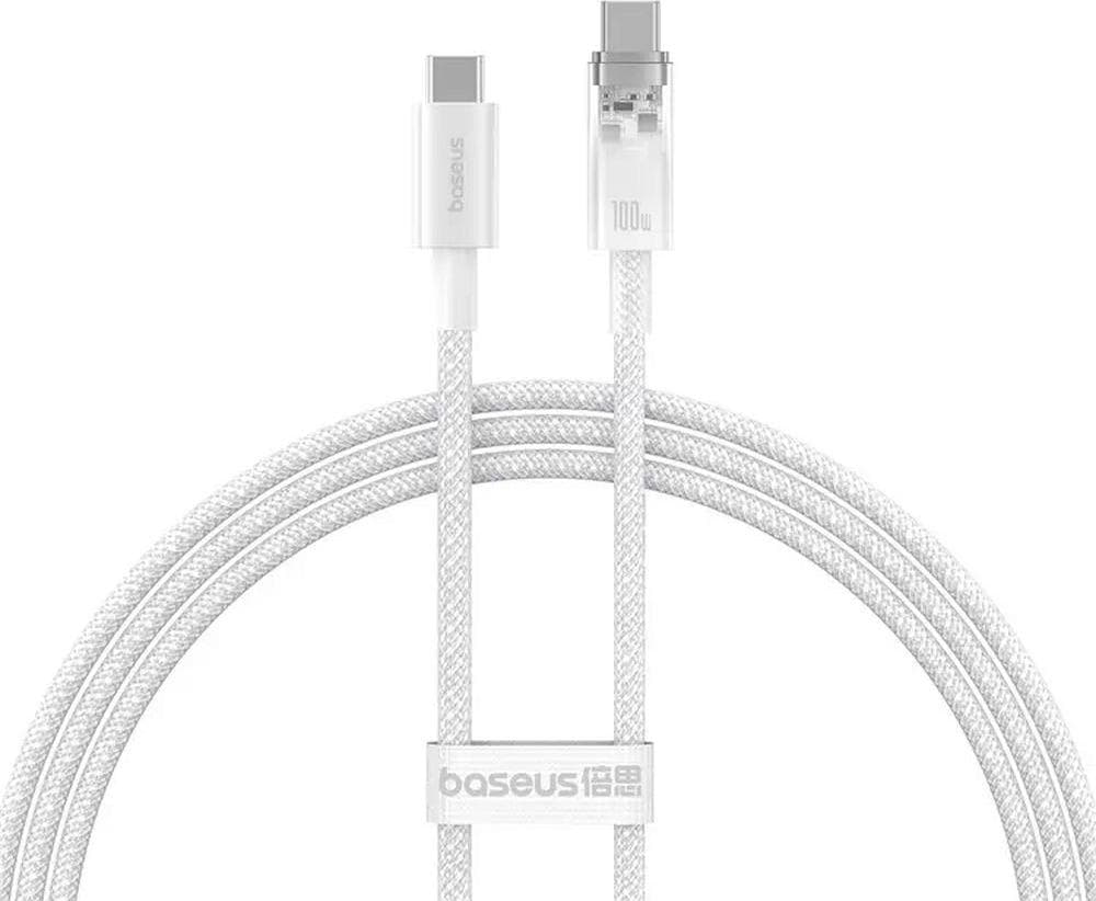 Здрав кабел с въжена оплетка за бързо зареждане за устройства с USB-C порт (100 см) - Baseus Explorer Series USB-C to USB-C Fast Charging Cable 100W (P10319703221-00) (бял)