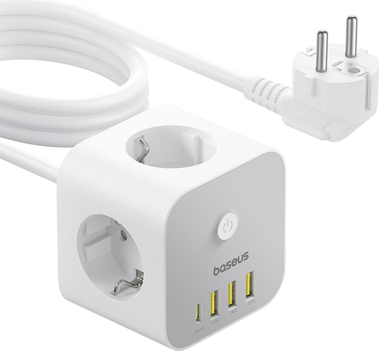 Разклонител с 3 изхода и вградени 1хUSB-C и 3хUSB-A изхода за мобилни устройства - Baseus PowerCombo Wall Power Strip With USB-C Hub 20W (бял)