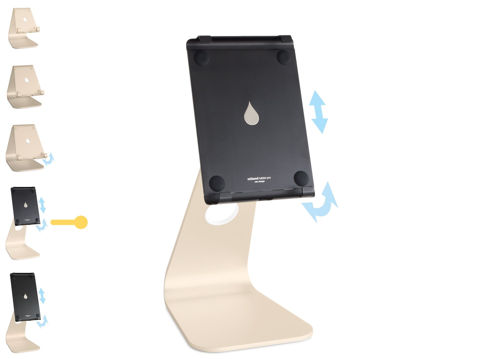Стойка за таблет Rain Design mStand tablet plus, 145 х 290 х 181мм, за таблети до 9.7" (24.64cm), регулируема, златиста