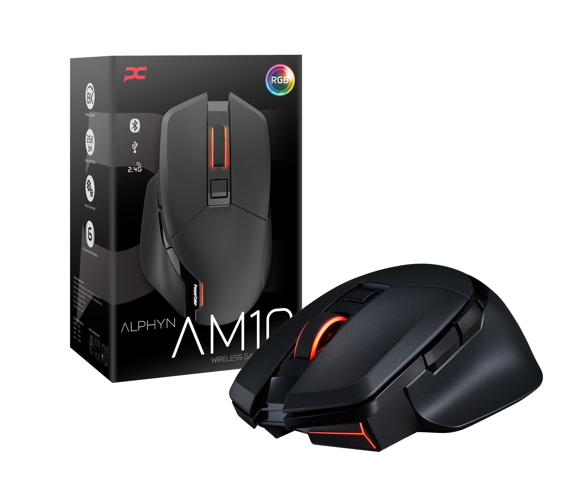 Мишка PowerColor ALPHYN AM10, оптична (26 000 dpi), жична/безжична, Bluetooth, USB, черна, гейминг, 6 програмируеми бутона, PixArt PAW3395 сензор