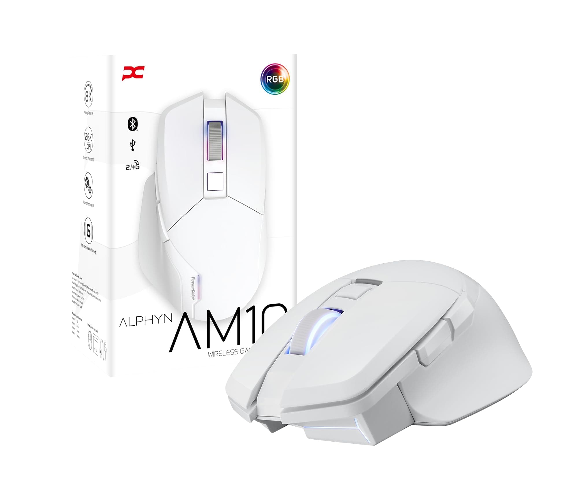 Мишка PowerColor ALPHYN AM10, оптична (26 000 dpi), жична/безжична, Bluetooth, USB, бяла, гейминг, 6 програмируеми бутона, PixArt PAW3395 сензор