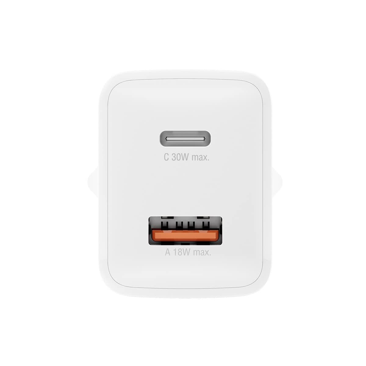 Захранване за ел. мрежа с USB-A и USB-C изходи и технология за бързо зареждане - 4smarts Wall Charger PDPlug Duos PD 30W (бял)