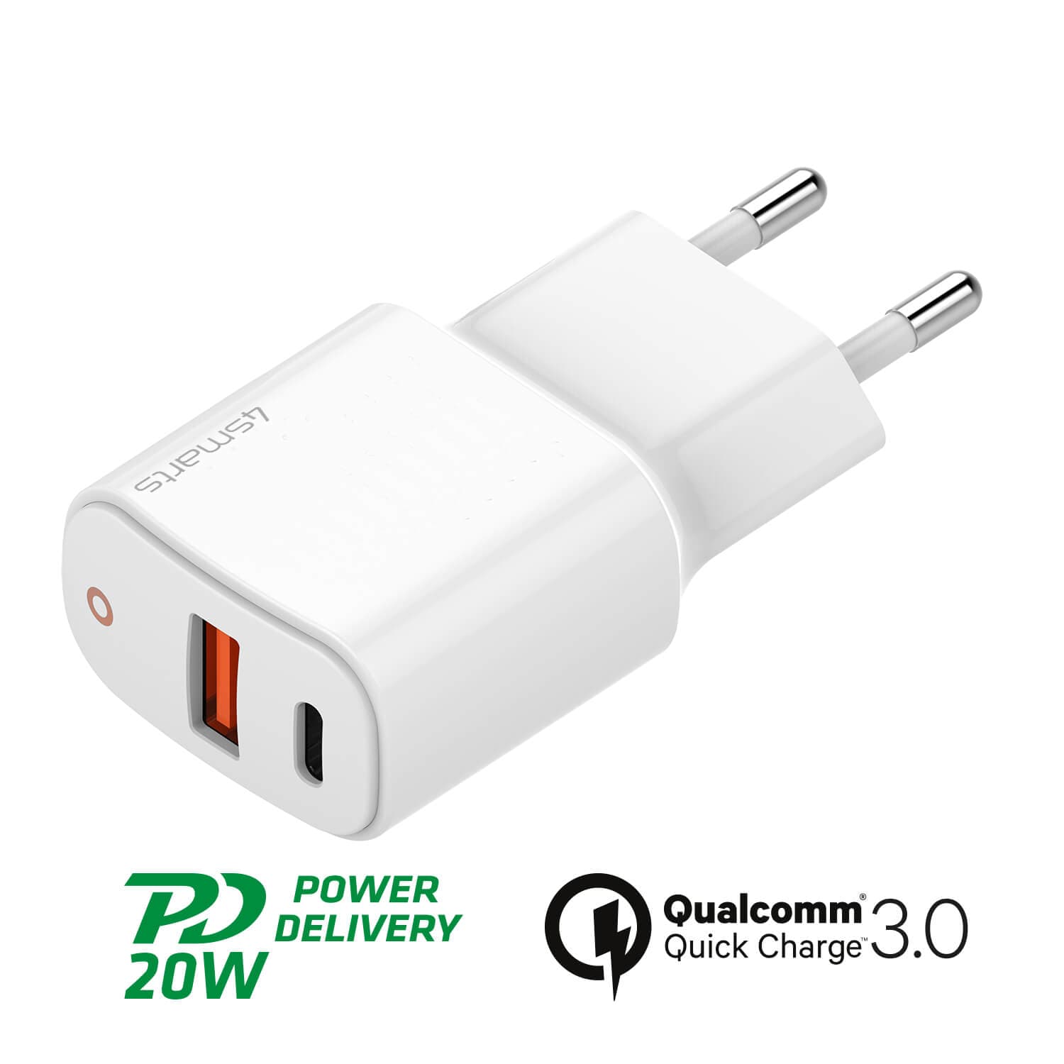 Захранване за ел. мрежа с USB, USB-C изход и технологии за бързо зареждане - 4smarts Wall Charger DoublePort 20W with Quick Charge and PD (бял)