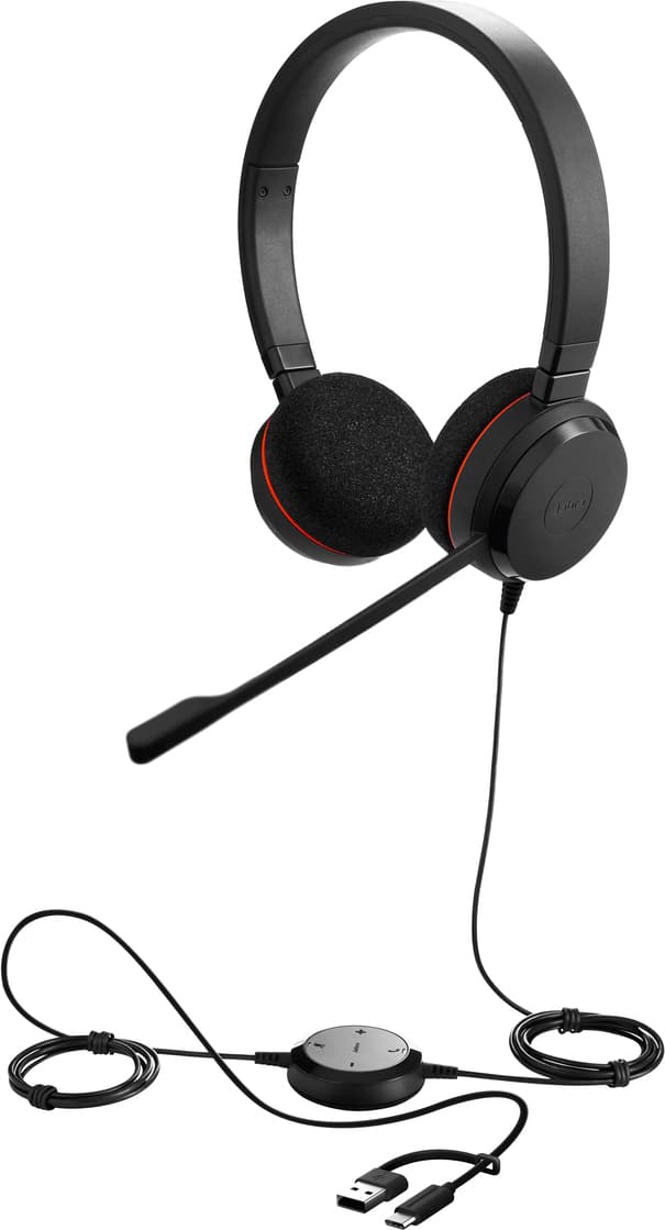 Слушалки Jabra Evolve 20 MS NC, USB, USB-C, микрофон, контролер за повиквания, сертифицирани за Microsoft Teams, черни