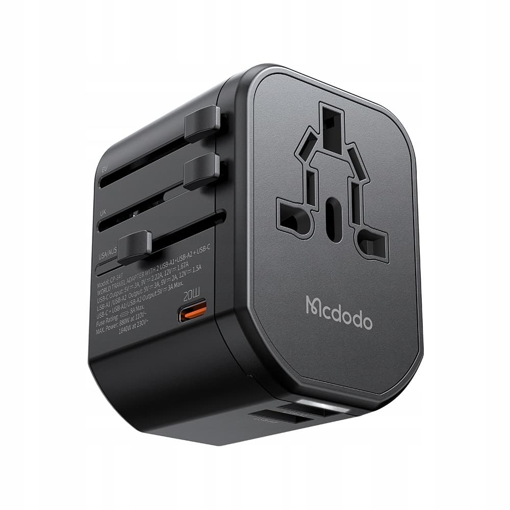 Захранване с 1xUSB-C и 2xUSB-A изхода и преходници за цял свят в едно устройство за мобилни устройства - Mcdodo Universal Wall Charger 20W (CP-3471) (черен)