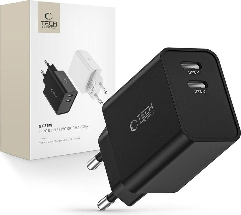 Захранване за ел. мрежа с 2xUSB-C PD изходи с технология за бързо зареждане (черен) - Tech-Protect Wall Charger Dual USB-C 35W PD