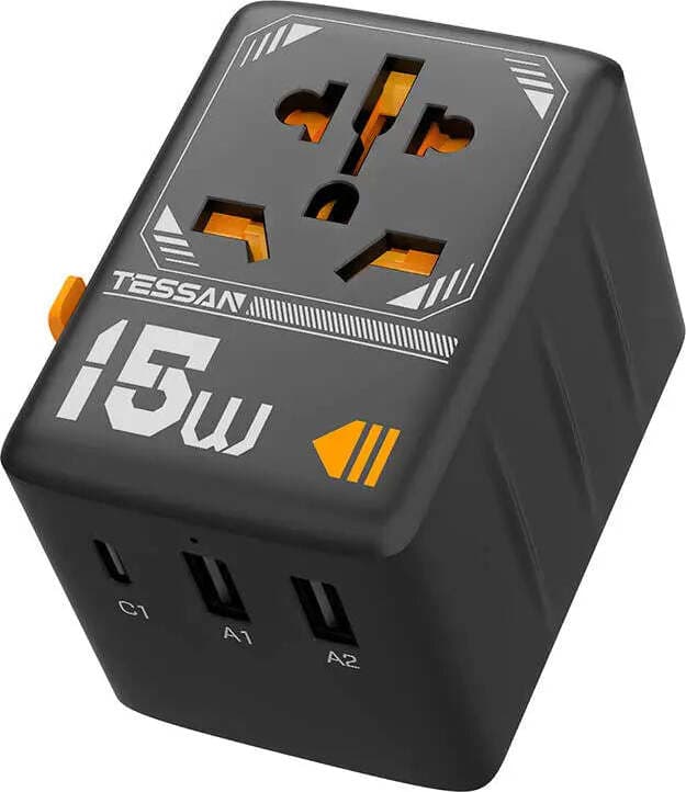 Захранване с 1xUSB-C и 2xUSB-A изхода и преходници за цял свят в едно устройство за мобилни устройства - Tessan World Travel Adapter 15W (черен)