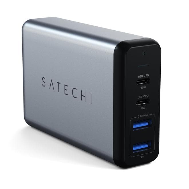 Захранване с два USB-C изхода (60W + 18W) и 2 x USB изхода за мобилни телефони, таблети и MacBook - Satechi 75W Dual USB-C Multiport Travel Charger (сив)