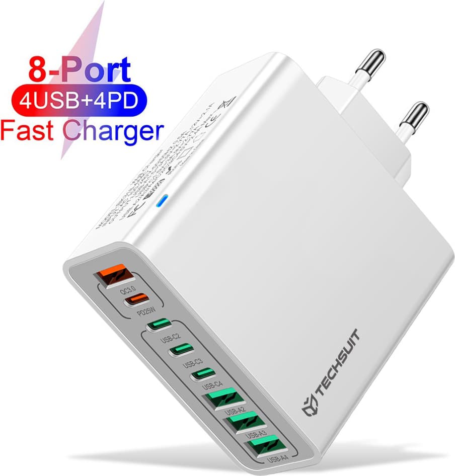 Захранване за ел. мрежа с 4xUSB-A и 4xUSB-C изхода и технология за бързо зареждане - Techsuit CHPD224 Quick Wall Charger PD 65W (бял)