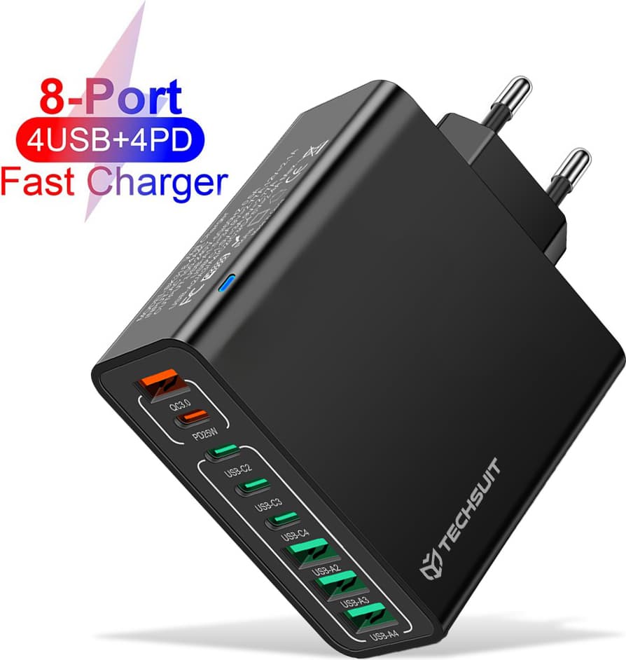 Захранване за ел. мрежа с 4xUSB-A и 4xUSB-C изхода и технология за бързо зареждане - Techsuit CHPD224 Quick Wall Charger PD 65W (черен)