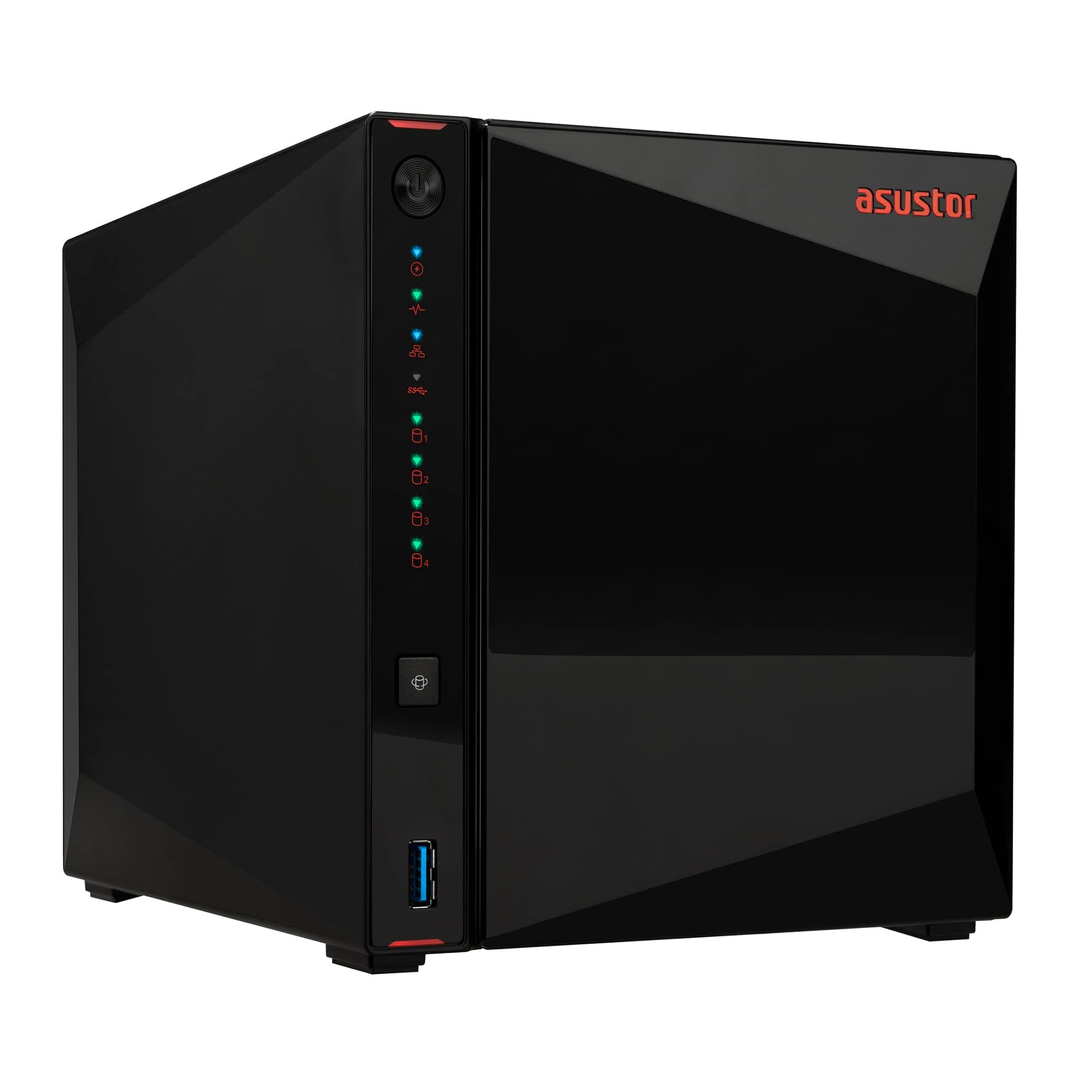 Asustor AS5304T, 4-Bay NAS, Intel Celeron J4105 Quad-Core 1,5 GHz (разрушаване на 2,5 GHz), 4 GB SO-DIMM DDR4, 4x 2,5"/3,5" SATA3 HDD или SSD, 2x 2,5 GbE, 3x USB 3.2 Gen 1 Type A, WOW (Wake on WAN), WOL, режим на заспиване на системата, хардуерно криптира