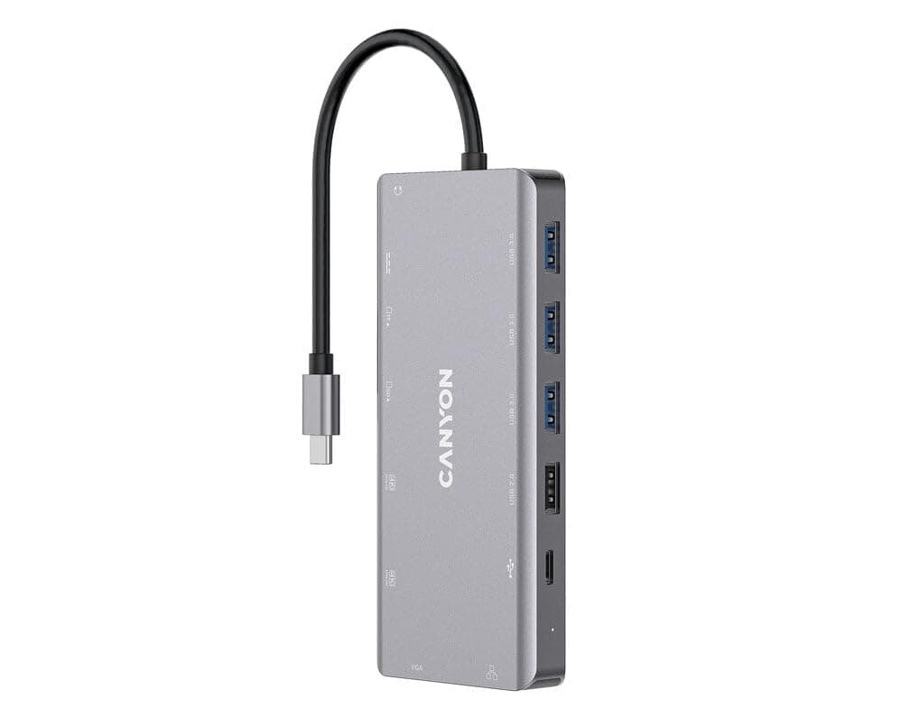 Докинг станция Canyon CNS-TDS12, интерфейс USB-C към 2x HDMI, 1x VGA (D-SUB), 1x USB-C, 1x USB-C PD, 2x USB 3.0, 1x USB 2.0, RJ45 (1Gbps), 3.5mm audio jack, 1x SD/microSD, тъмно сив