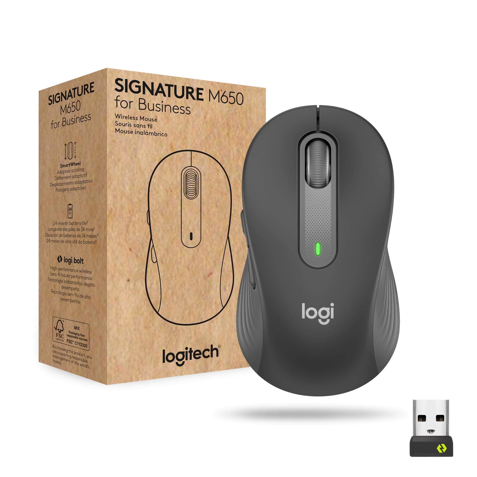 Мишка Logitech Signature M650 Graphite Medium, оптична (4000dpi), USB 2.4GHz, Bluetooth, черна, 5 бутона