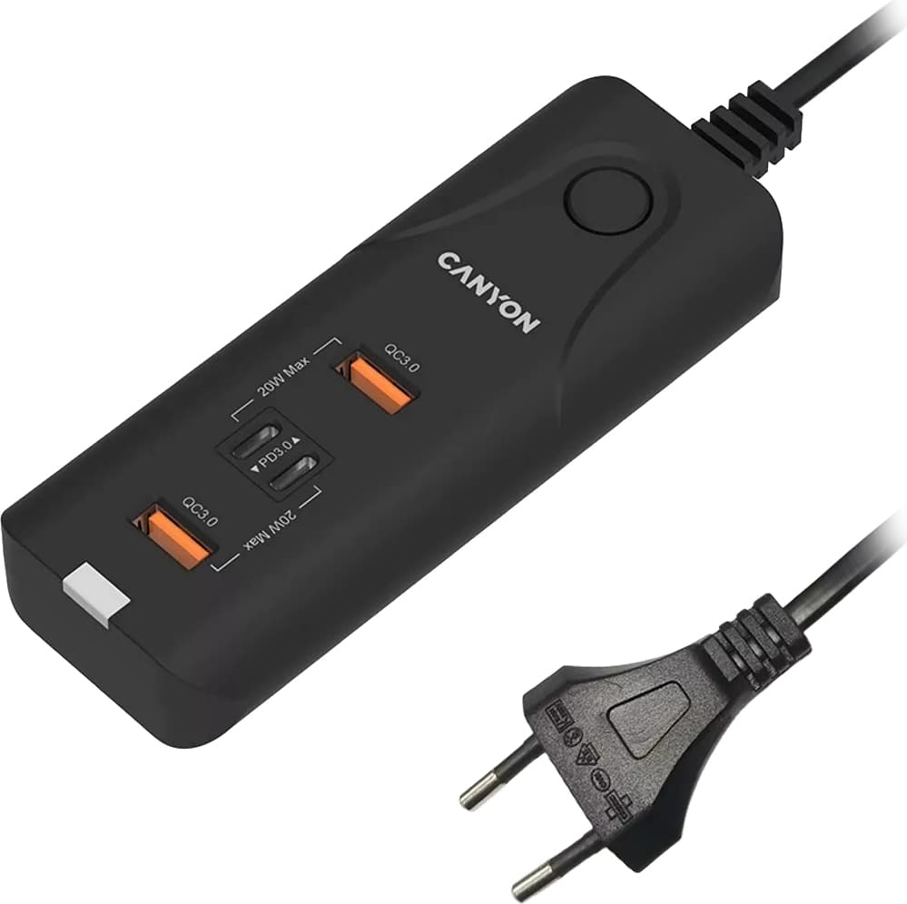 Зарядно устройство Canyon CNE-CHA10B, от контакт към 2x USB-C(ж), 2x USB-A(ж), 40W, Quick Charge 3.0, черно