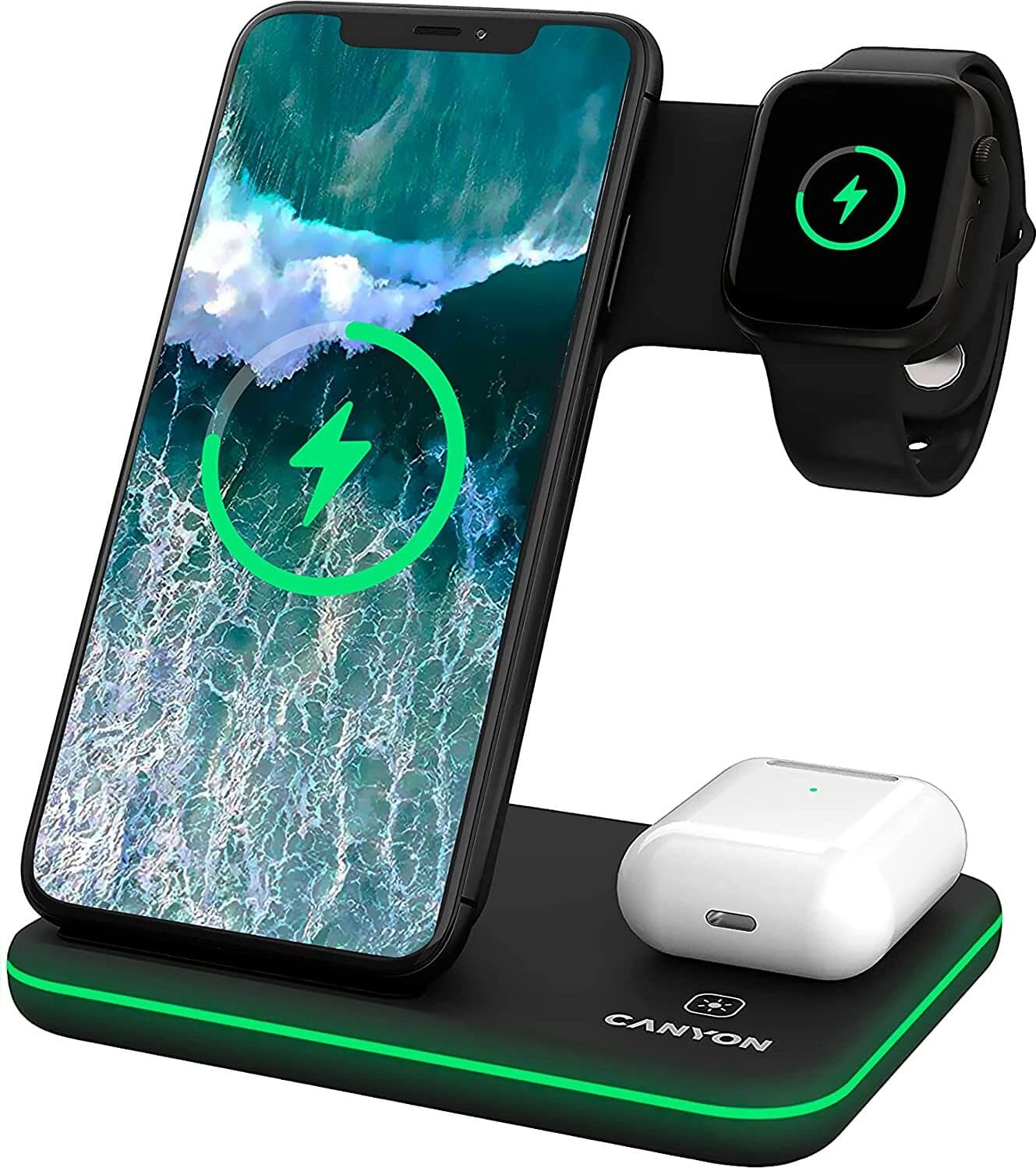 Безжично зарядно Canyon WS-303 3in1, от USB-C(ж) към безжично зареждане на iPhone, Apple Watch и Apple AirPods, черна