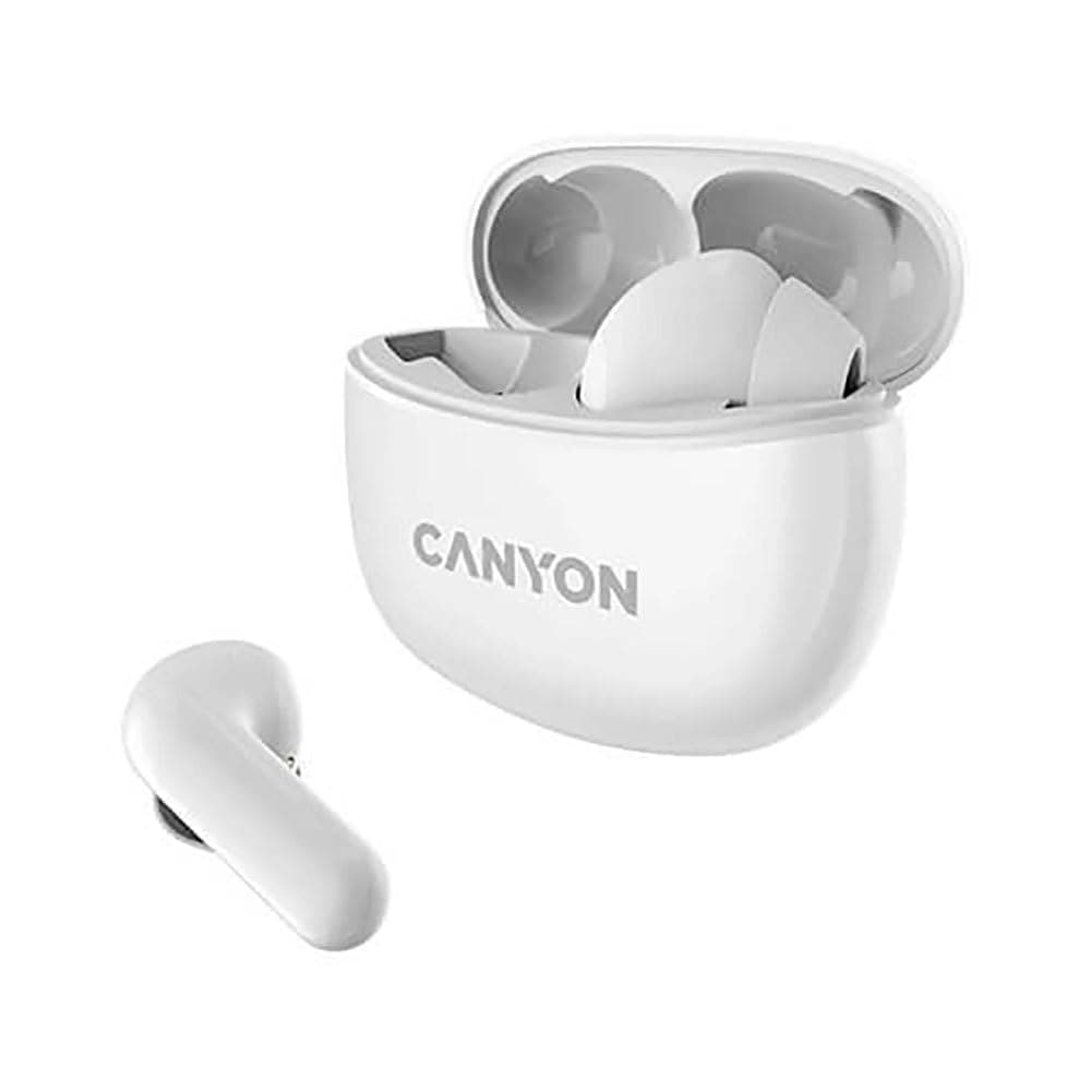Слушалки Canyon TWS-5, безжични, Bluetooth 5.3, микрофон, до 7.5 часа време на работа, кутия за зареждане, IP33 защита, бели