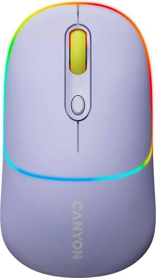 Мишка Canyon MW-22, оптична (1600dpi), безжична, USB, Bluetooth, лилава, RGB подсветка, 4 бутона