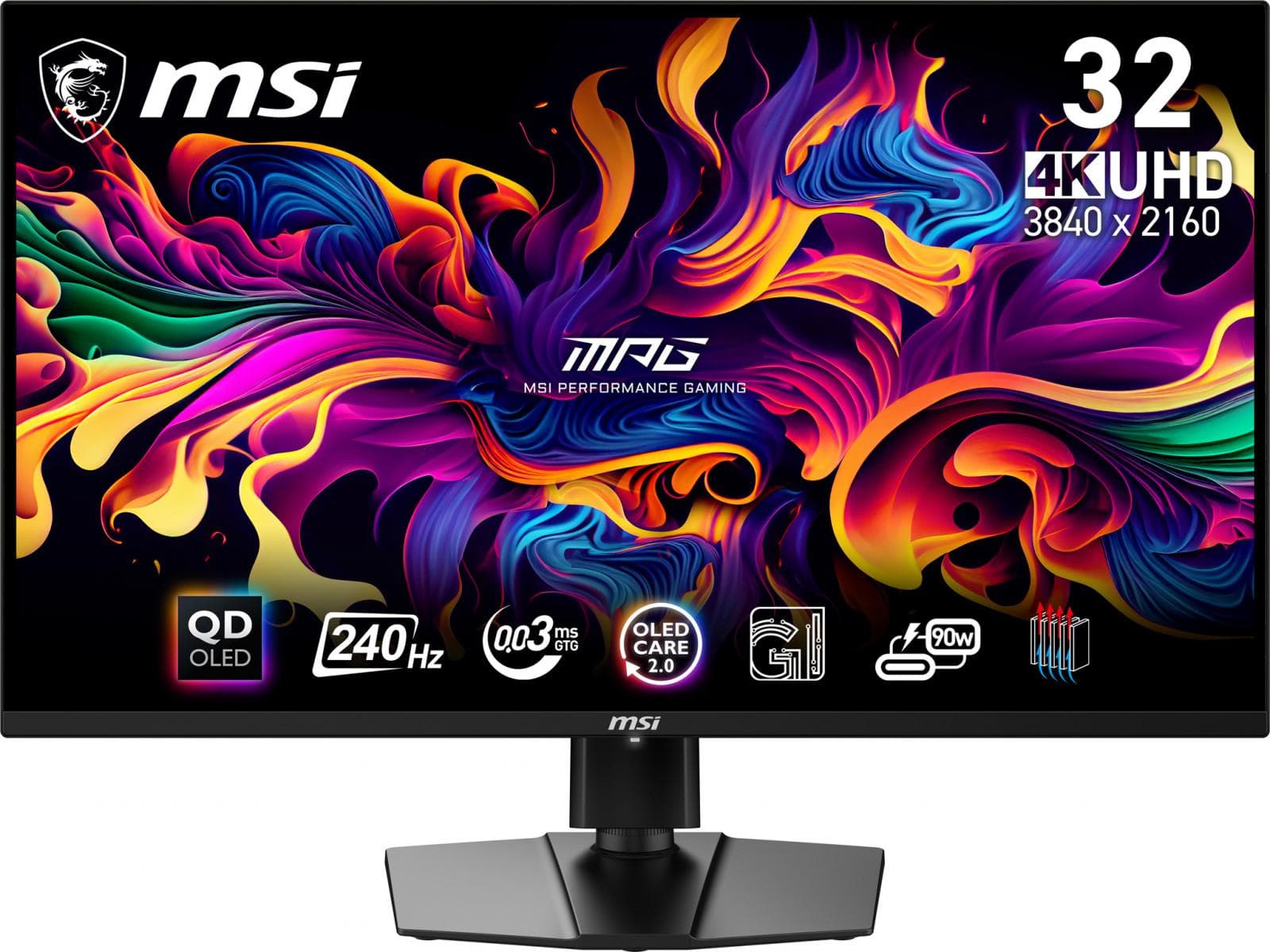 MSI MPG 321URX QD-OLED, 31.5", 240Hz, 0.03ms, UHD 3840x2160, Oled Care 2.0, Fanless Design w Graphene, ClearMR 13000, HDR True Black 400, AI VISION, 250 nits, 1500000:1, 100M;1, DP(1.4a), 2x HDMI(2.1), Type-C (DP alt. PD 90W), KVM, Adj.Stand 100mm, 9.6 k