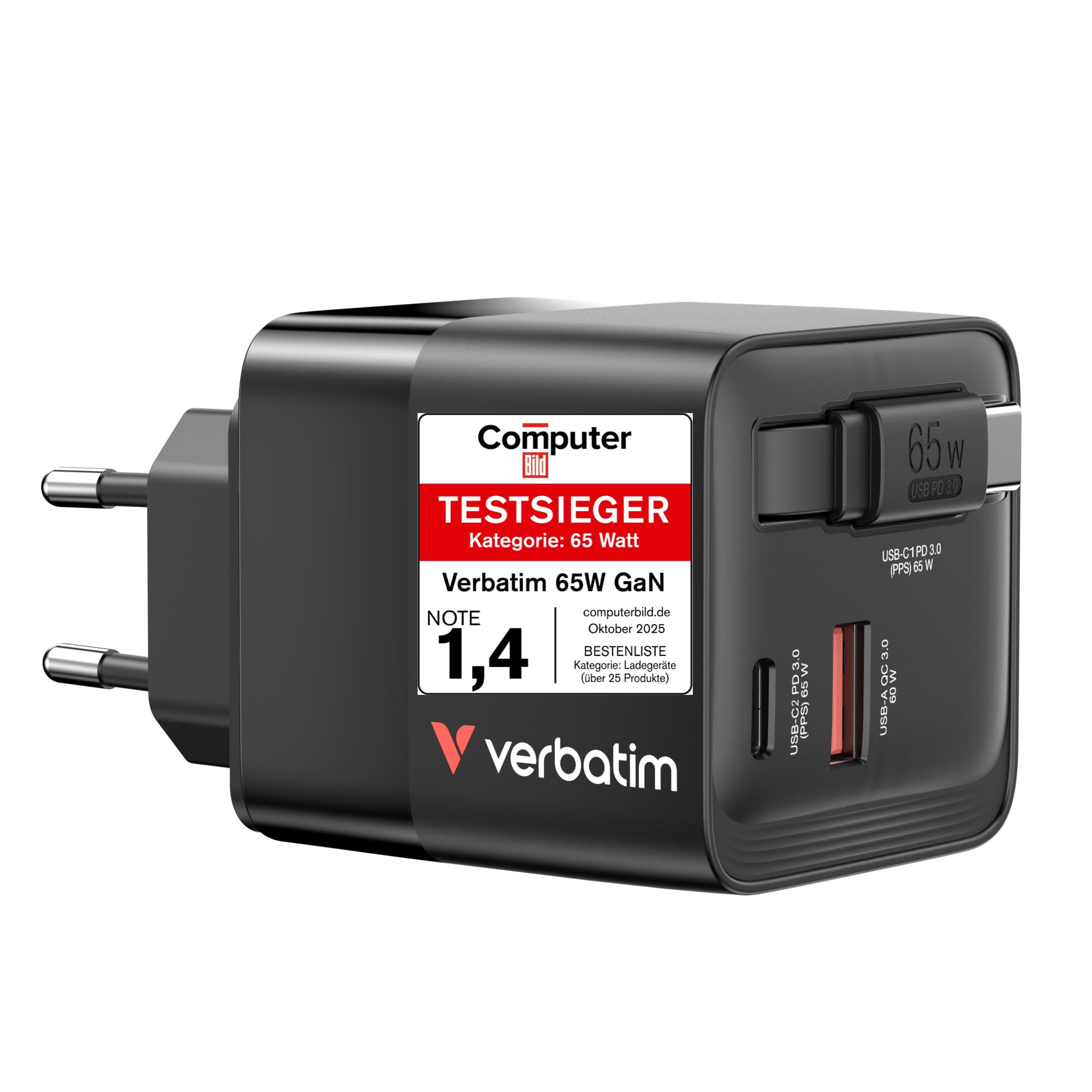 Verbatim Mini GaN Charger 65W 2 порта, прибиращ се кабелен дисплей, щепсели за САЩ с адаптери за ЕС и Обединеното кралство