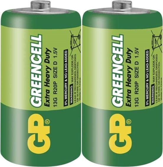 Цинк карбонова батерия GP Greencell 13G-S2, R20, 2 бр. в опаковка / shrink, 1.5V