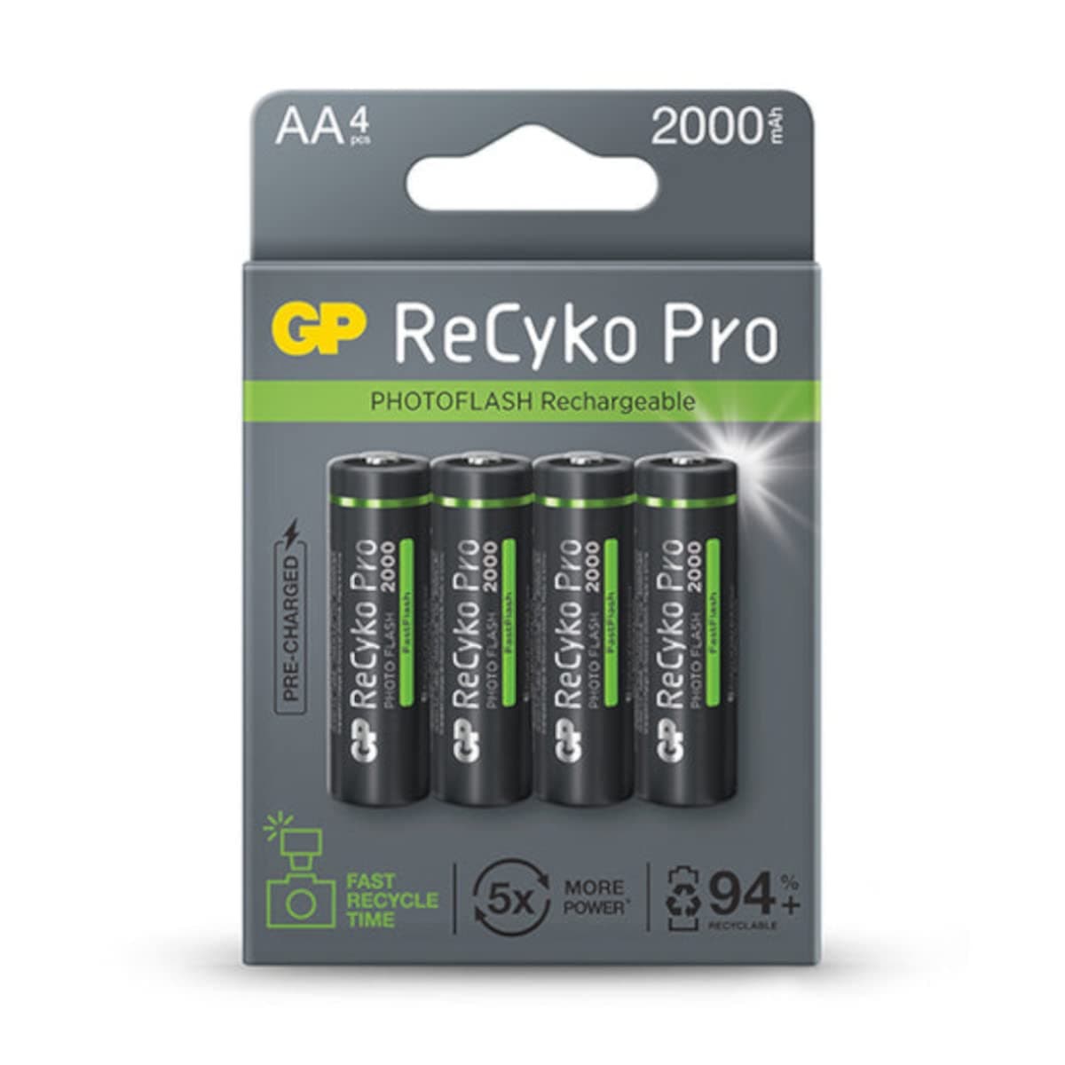 Акумулаторна Батерия GP R6 AA 2000mAh RECYKO + PRO Fast Flash GP-BR-210AAHCF-APCEB4 NiMH /до 500 цикъла/ 4 бр. в опаковка GP