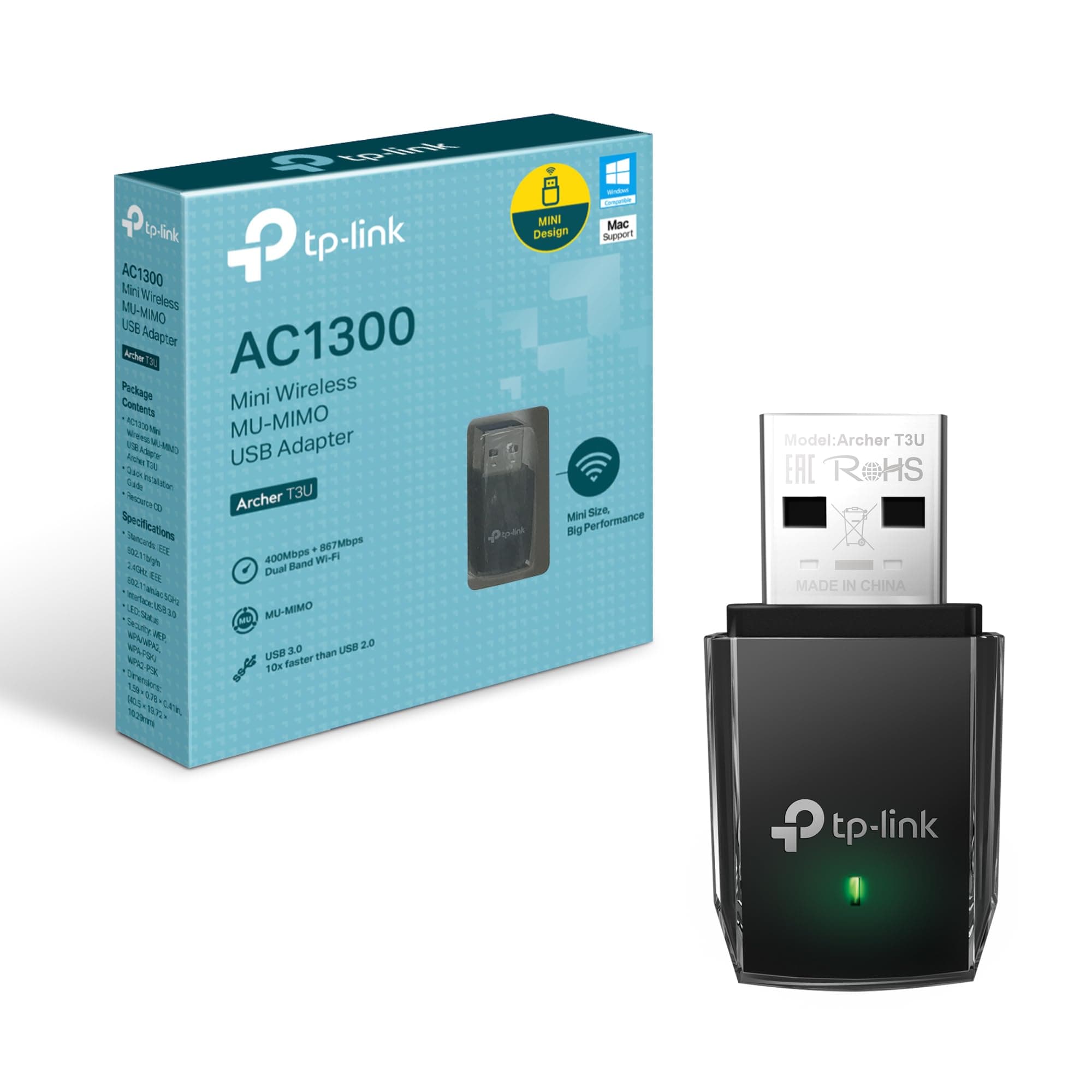 Безжичен адаптер TP-LINK Archer T3U, AC 1300 MU-MIMO, Dual band, USB 3.0, вградена антена