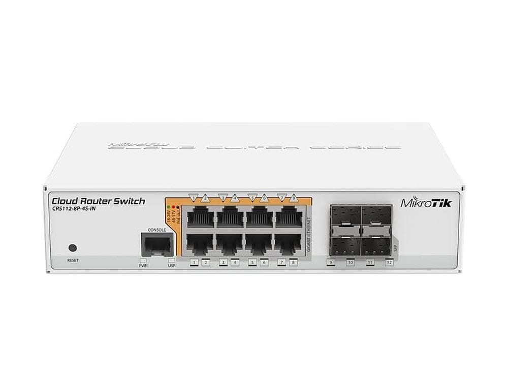 Суич MikroTik CRS112-8P-4S-IN, 8 x Gigabit Ethernet ports, 10/100/1000Mbps, 4 x SFP