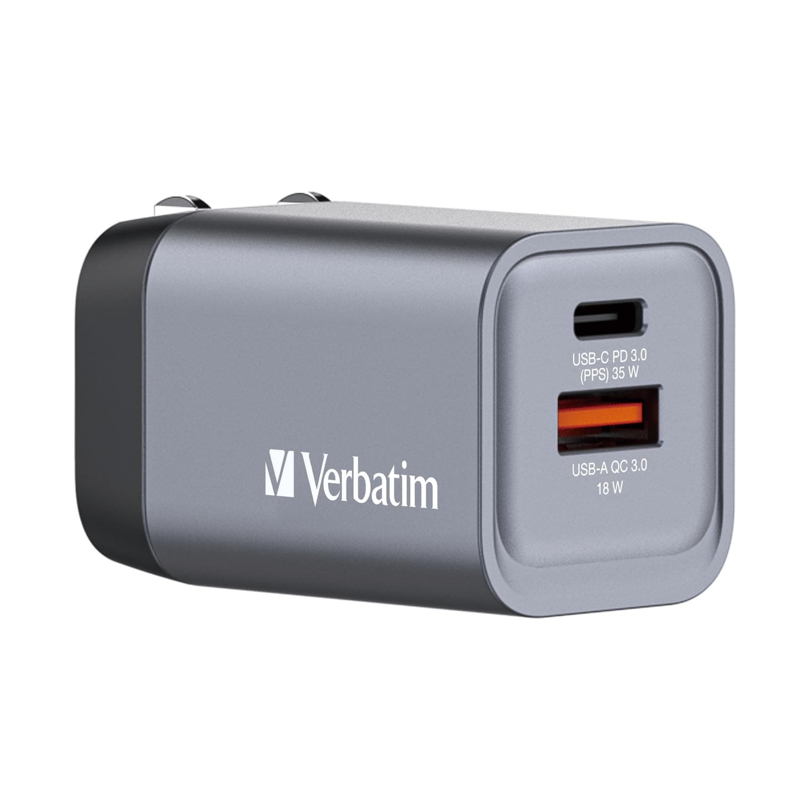 Зарядно устройство Verbatim GNC-35 GaN, от контакт EU/UK/US към 1x USB-A(ж), 1x USB-C(ж), 20V/1.75A, сиво, QC 3.0