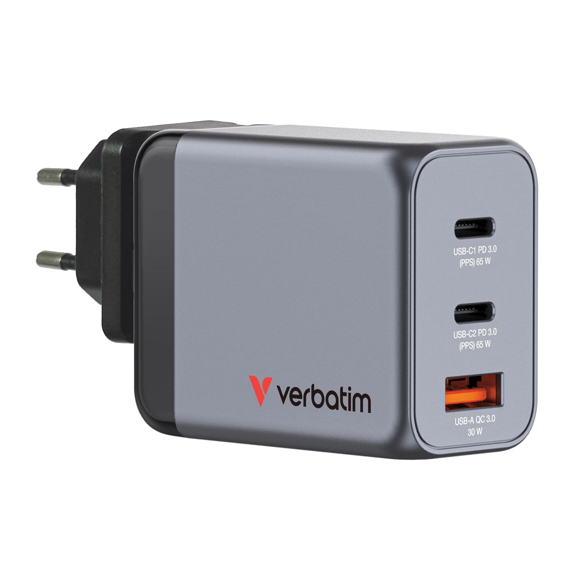 Зарядно устройство Verbatim GNC-65, от EU/UK/US към 2x USB C(ж), 1x USB A(ж), 20V/3.25A, сиво, 65W, QC 3.0