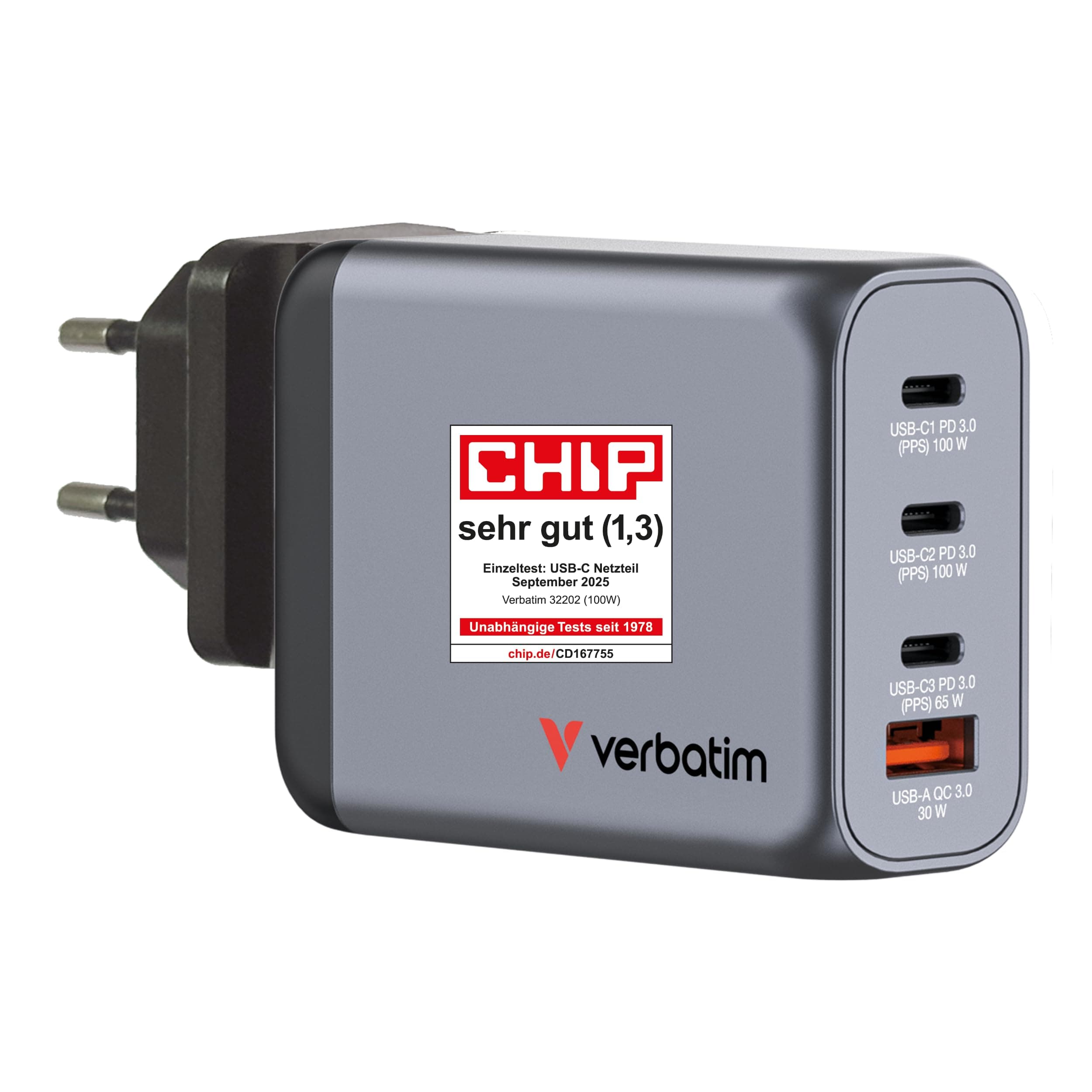 Зарядно устройство Verbatim GNC-100, от EU/UK/US към 3x USB C(ж), 1x USB A(ж), 20V/5A, сиво, 100W, QC 3.0