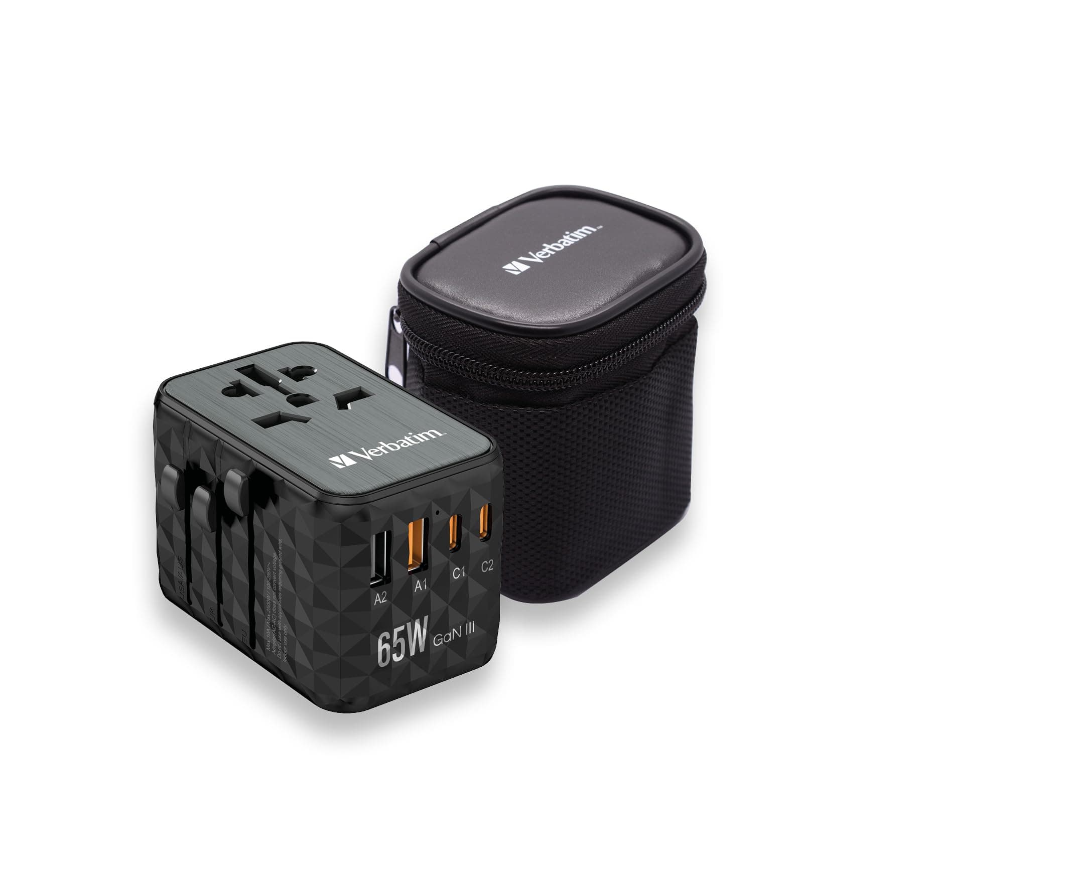 Адаптер Verbatim UTA-05 GaN III, 1 гнездо, от EU/UK/US/AUS към EU/UK/US/AUS, 1x USB-A, 1x USB-A(QC), 2x USB-C(PD), черен