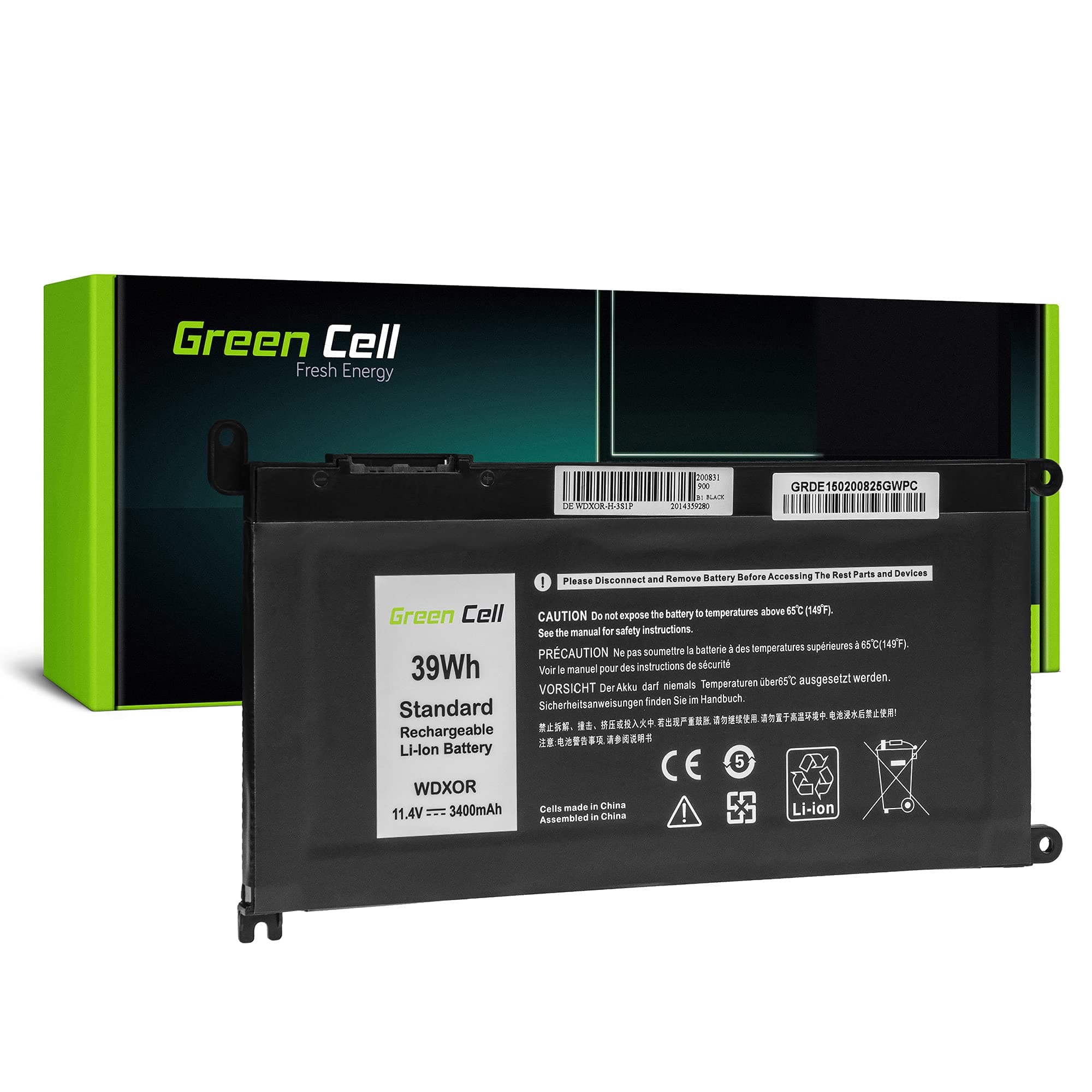 Батерия за лаптоп GREEN CELL, Dell WDXOR-H, Dell Inspiron 13 5368, 5378, 5379, 14 5482, 15 5565, 5567, 5568, 5570, 5578, 5579, 7560, 7570, 17 5770, 11.4V, 3400mAh