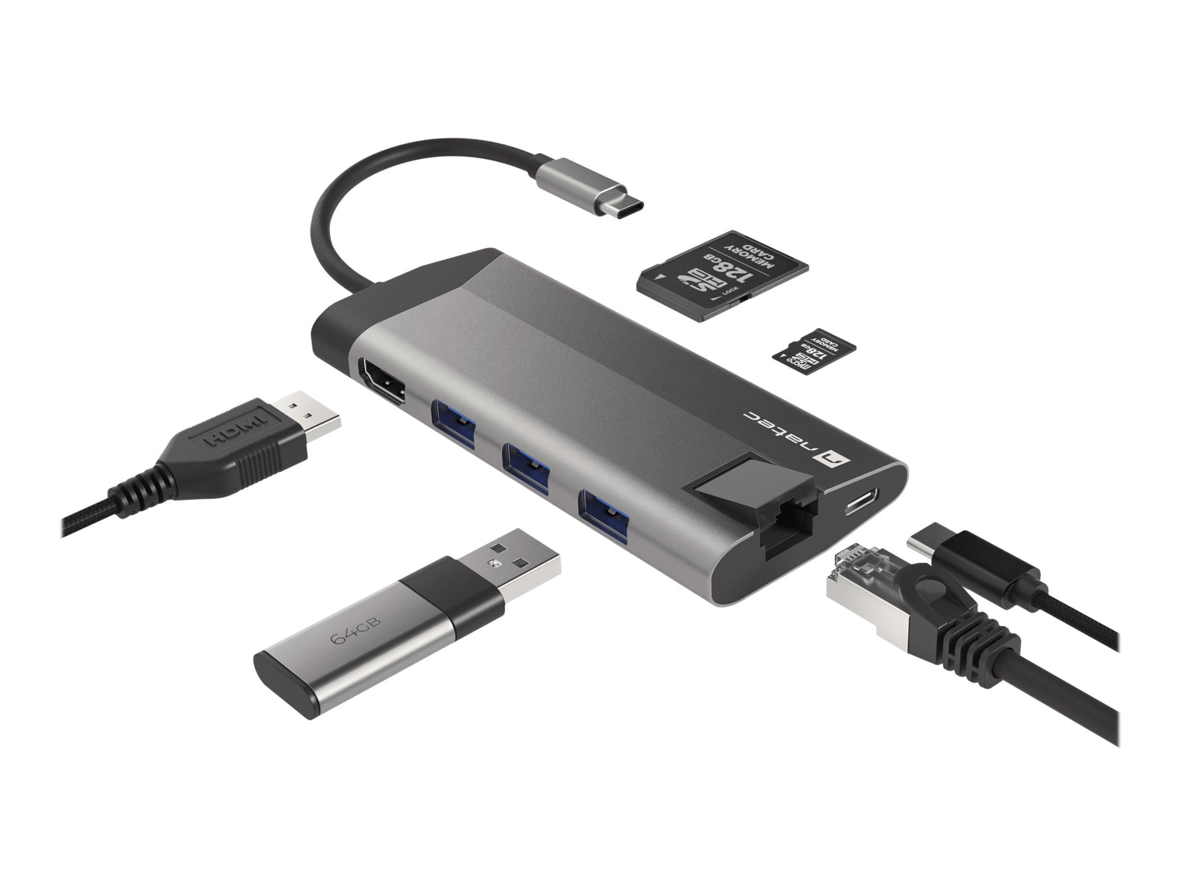 Natec Fowler Plus Multiport Adapter 8 in 1, USB 3.0 HUB, HDMI 4K, USB-C PD, RJ45, SD, Micro
