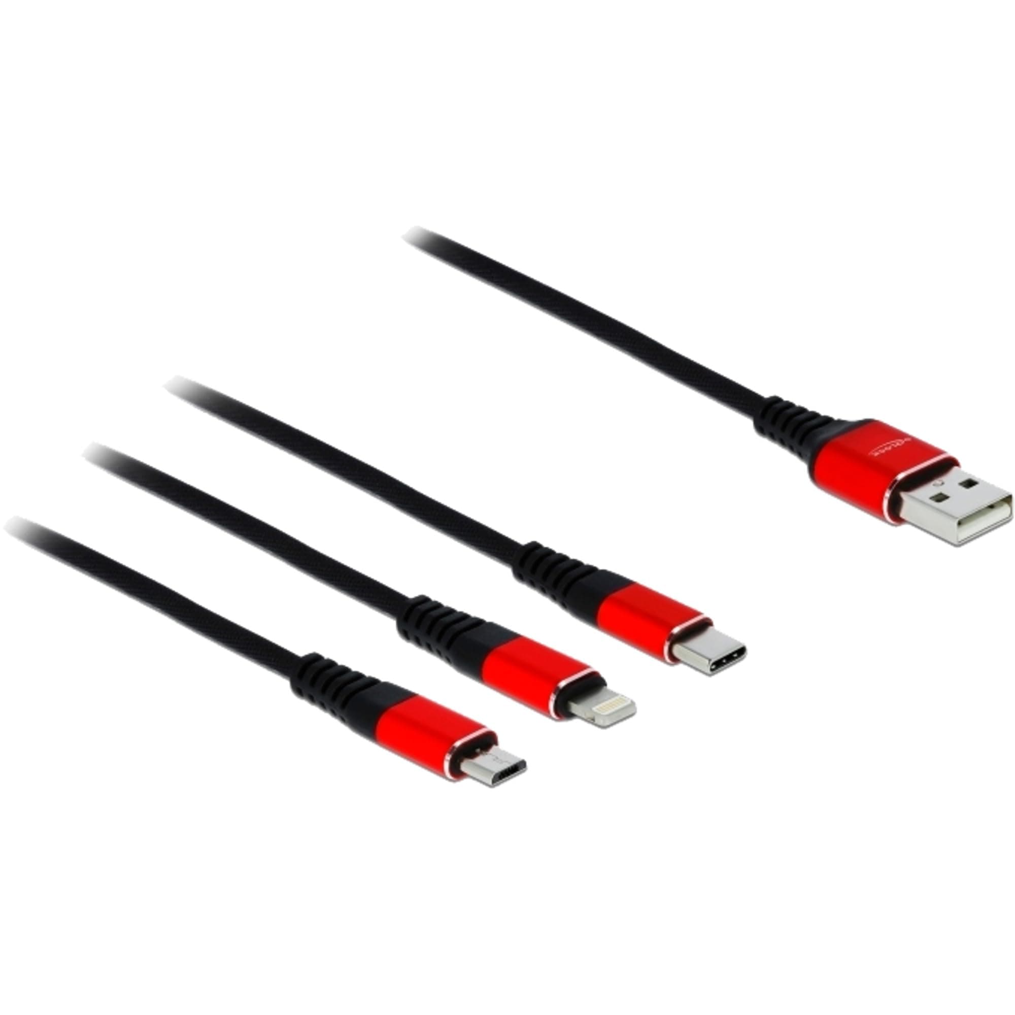 Кабел за зареждане Delock 3 в 1, USB - Lightning/ Micro USB/ USB-C, 1м, Черен/Червен
