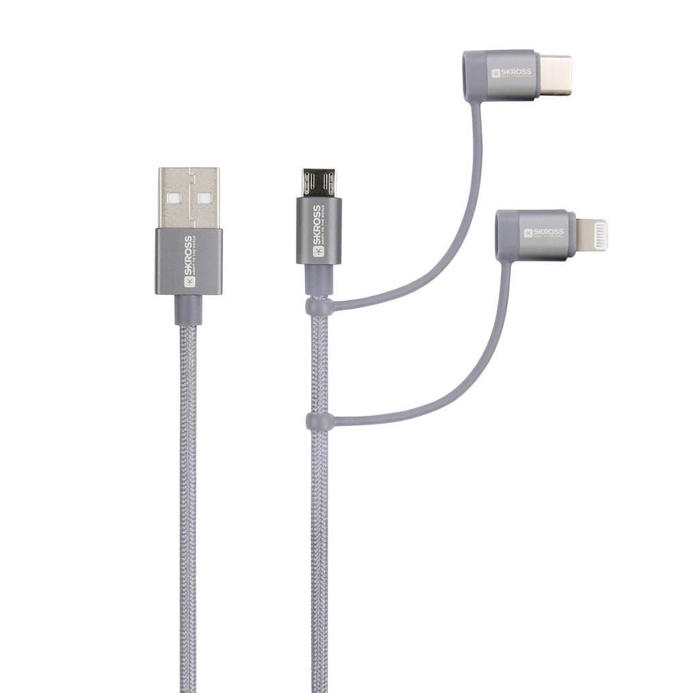 Кабел Skross 3 в 1, USB-A - USB-C/ Lightning/ Micro USB, Метална оплетка, 0.3 м