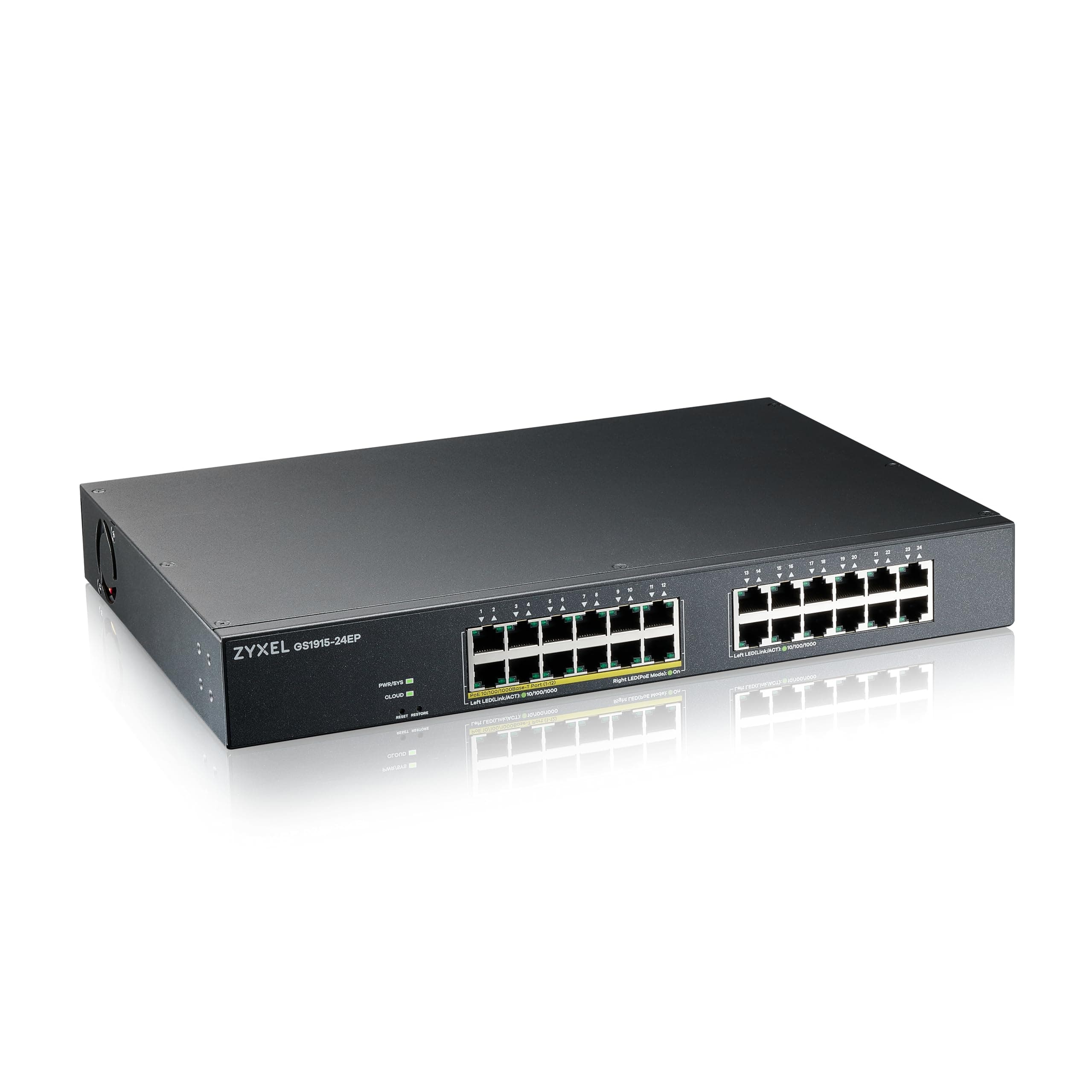 ZyXEL GS1915-24EP, 24-port GbE, 12 port PoE, 130 Watt 802.3at, rackmount, fanless, Smart hybrid mode Switch, standalone or NebulaFlex Cloud