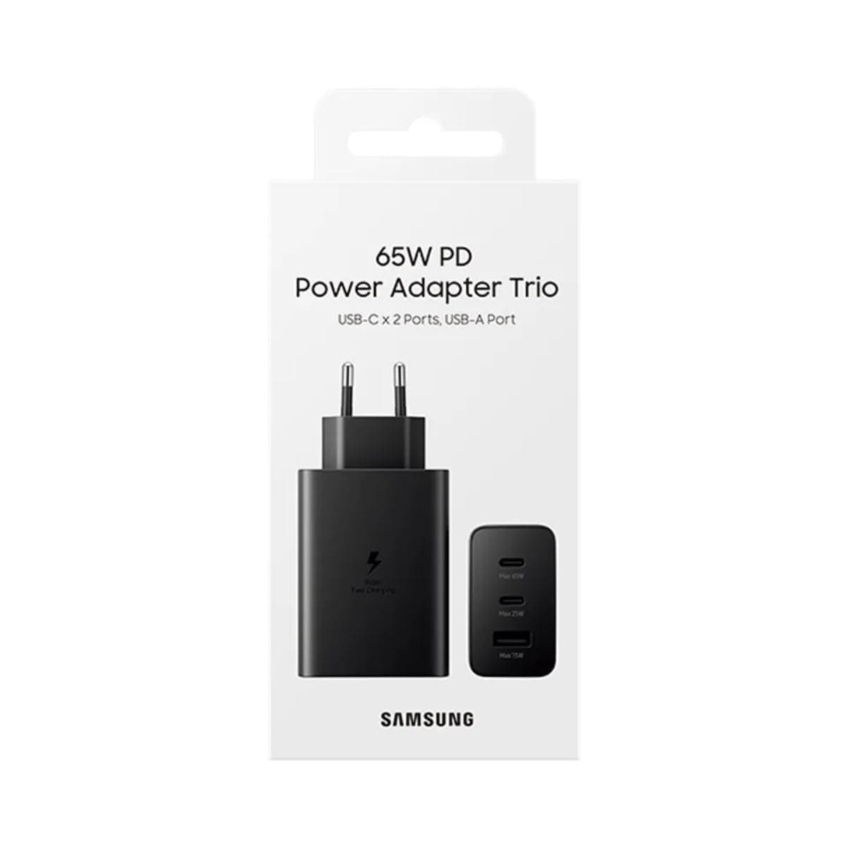 Зарядно устройство Samsung 65W Power Adapter Trio, от контакт към 2x USB-C(ж) + 1x USB-A(ж), 65W, 5.0V/3.0A, черно