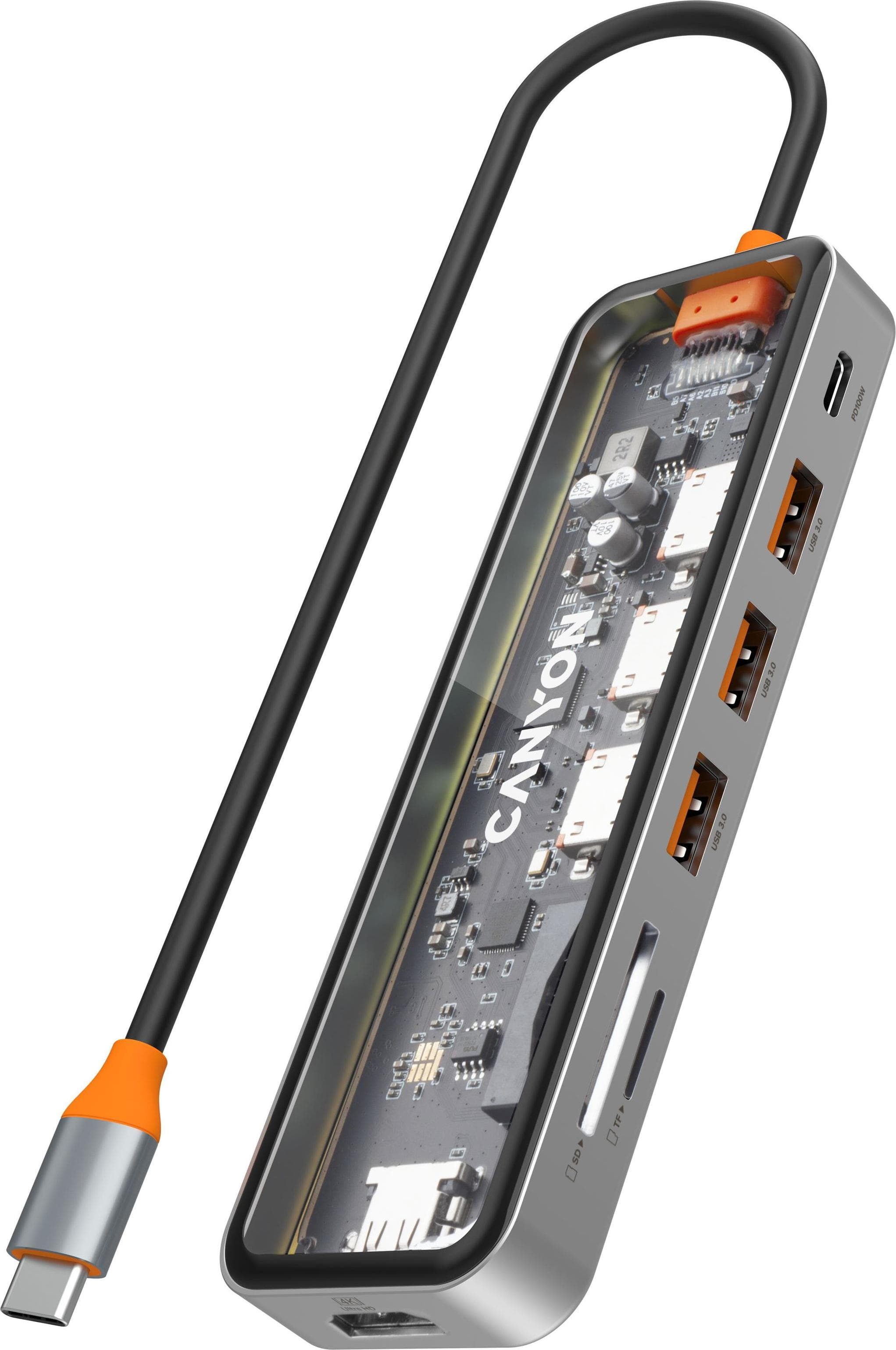 Докинг станция Canyon DS-13, от USB Type-C към 1x USB-C(PD), 3x USB-A, 1x HDMI, 1x SD/MicroSD четец, сива