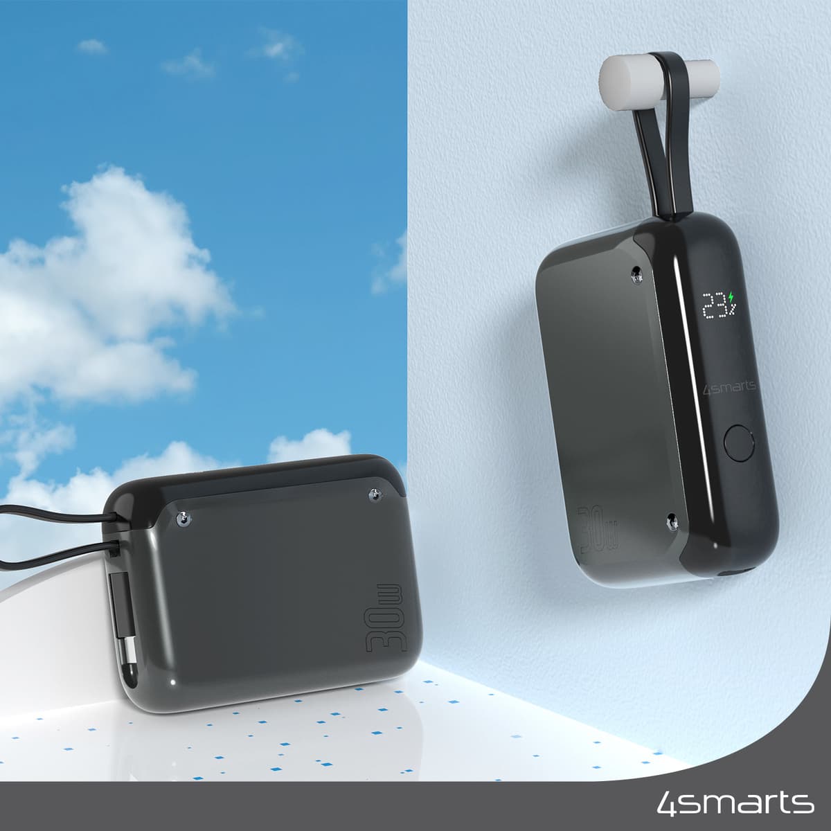 Външна батерия с вграден USB-C кабел и USB-C изход с технология за бързо зареждане - 4smarts Power Bank Pocket 10000 mAh 30W (сив)