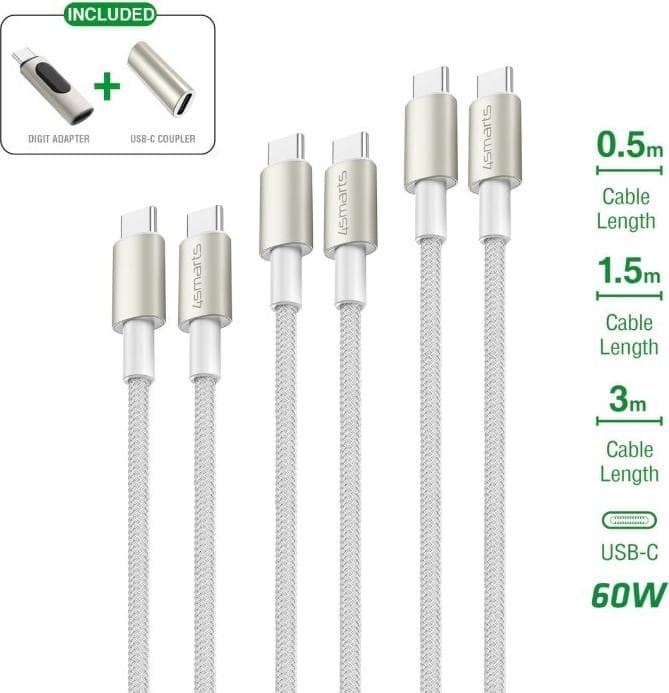 Комплект 3 броя изключително здрави и качествени плетени USB-C кабели за устройства с USB-C порт - 4smarts PremiumCord USB-C to USB-C Cable 60W Set incl. Digit Adapter and Coupler (бял)