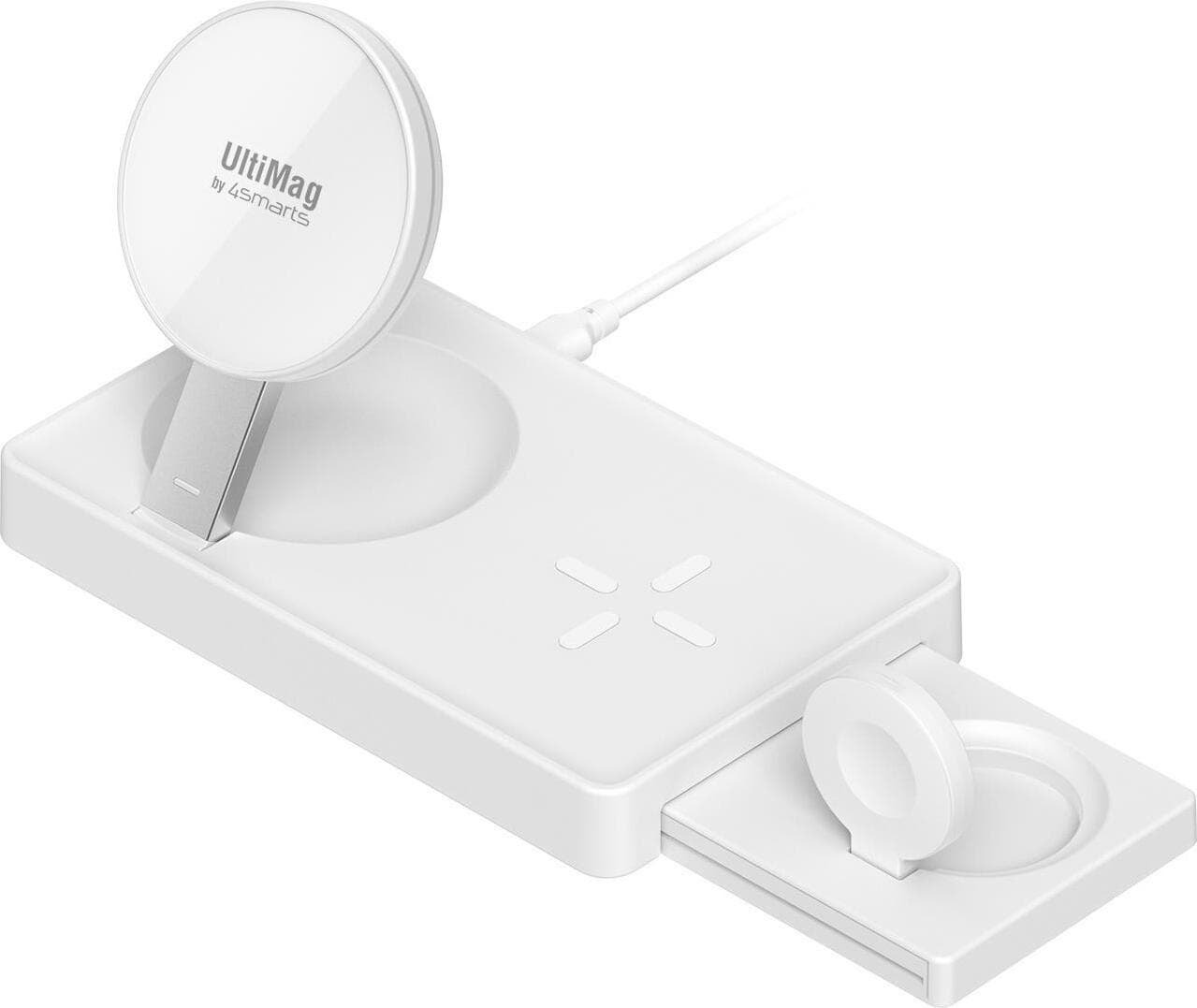 Тройна поставка (пад) за безжично зареждане за iPhone с Magsafe, Apple Watch, AirPods Pro и Qi съвместими мобилни устройства - 4smarts UltiMag Trident 3-in-1 Magnetic Wireless Charger 20W (бял)