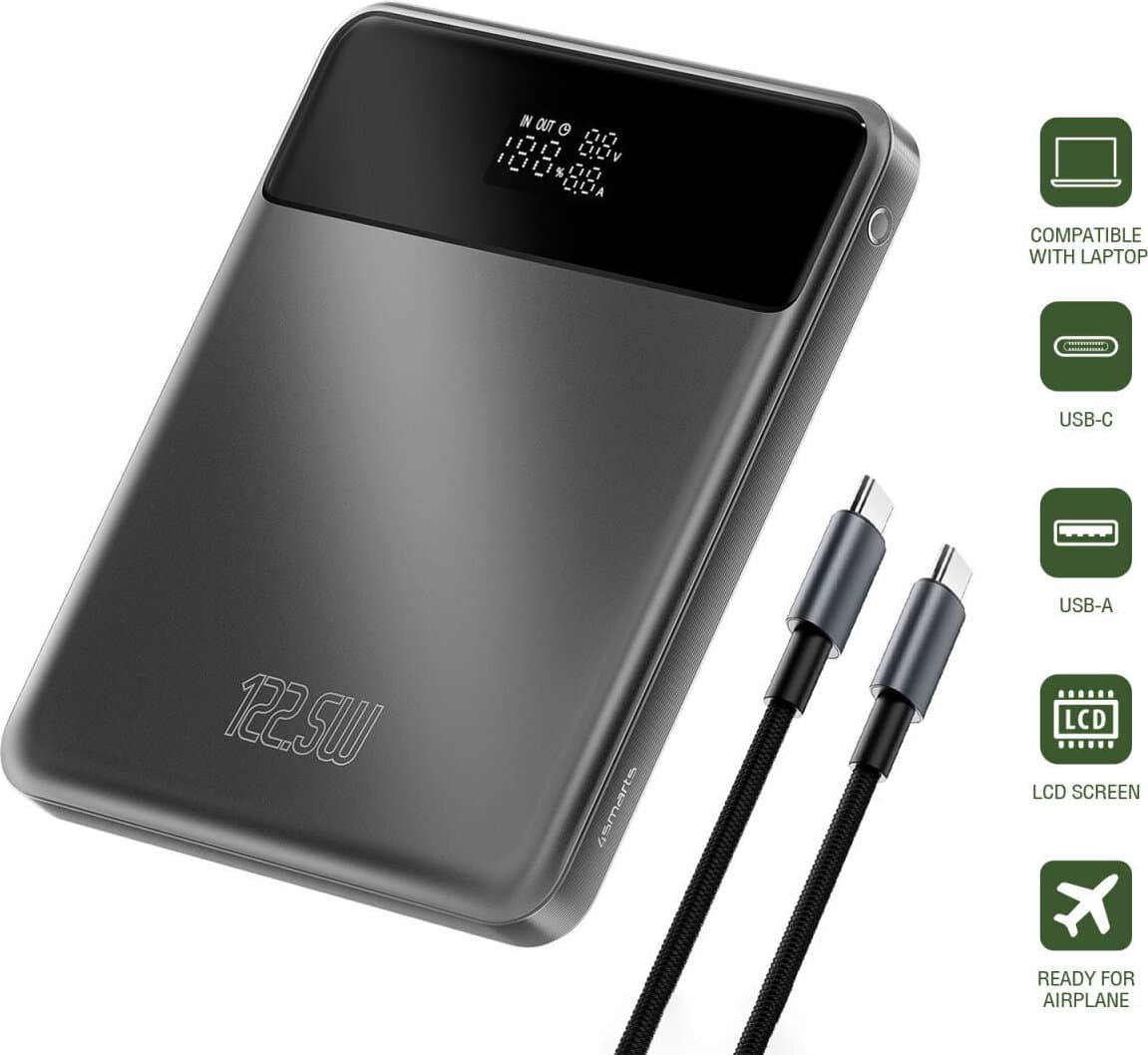 Външна батерия с 2xUSB-A и 2xUSB-C изходи и технология за бързо зареждане - 4smarts Power Bank Enterprise Slim 20000mAh 122.5W (сив)