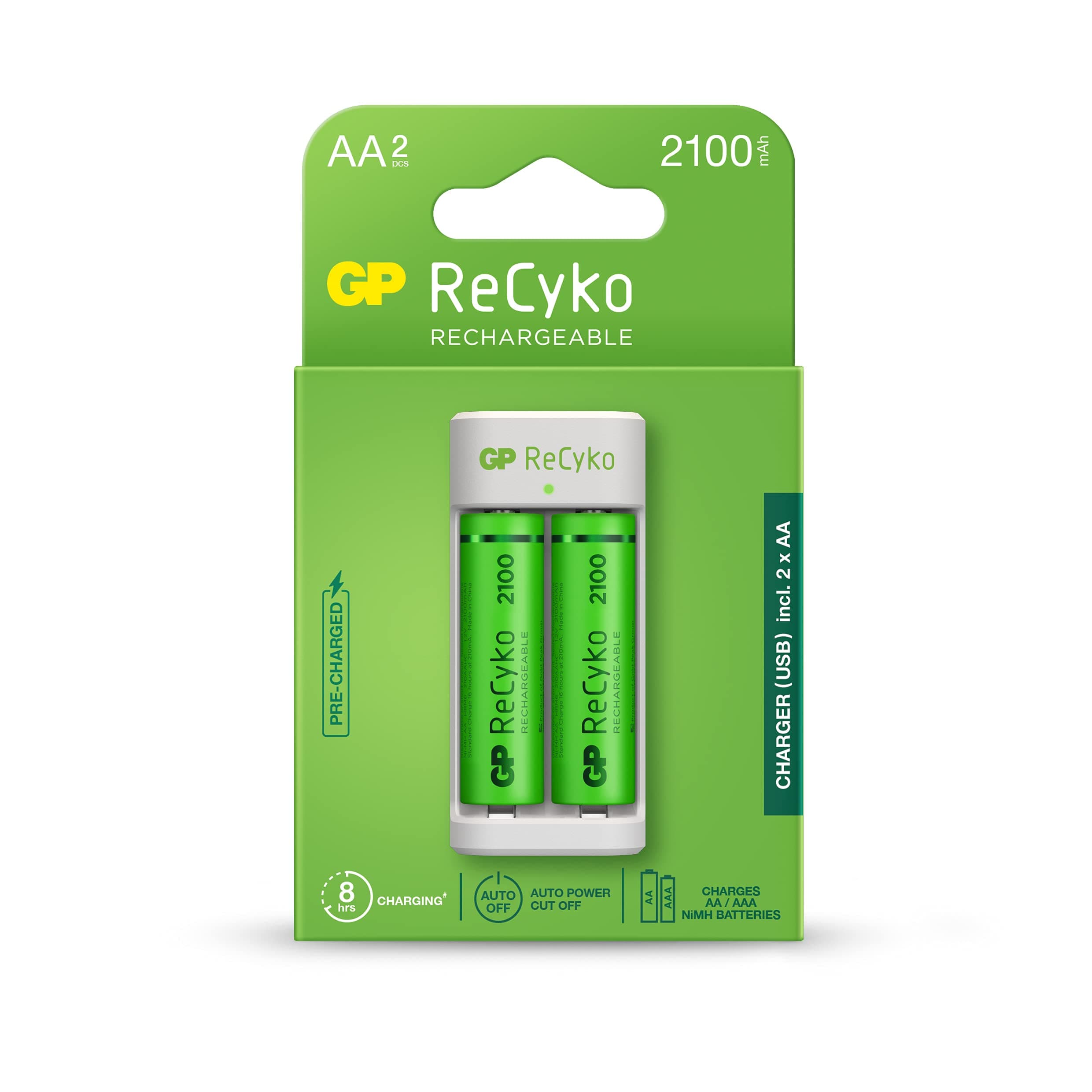 Зарядно GP BATTERIES E211 + 2 * 2100mAh AA, За 2 броя, NiMH