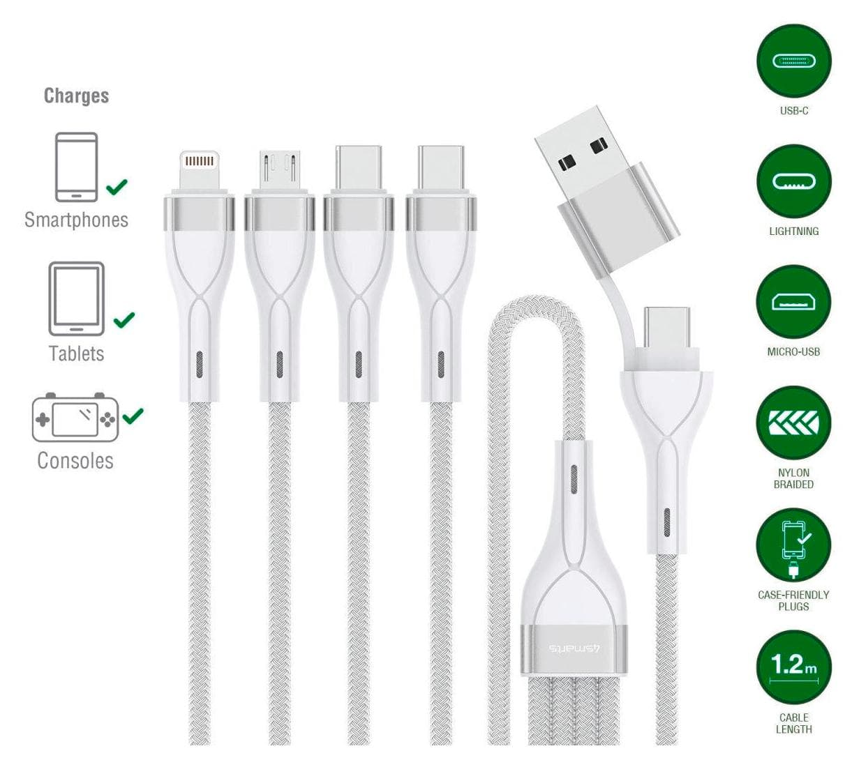 Универсален USB-C кабел с Lightning, microUSB и USB-C конектори (120 см) - 4smarts 4-in-2 Multi-Charging USB Cable (бял)