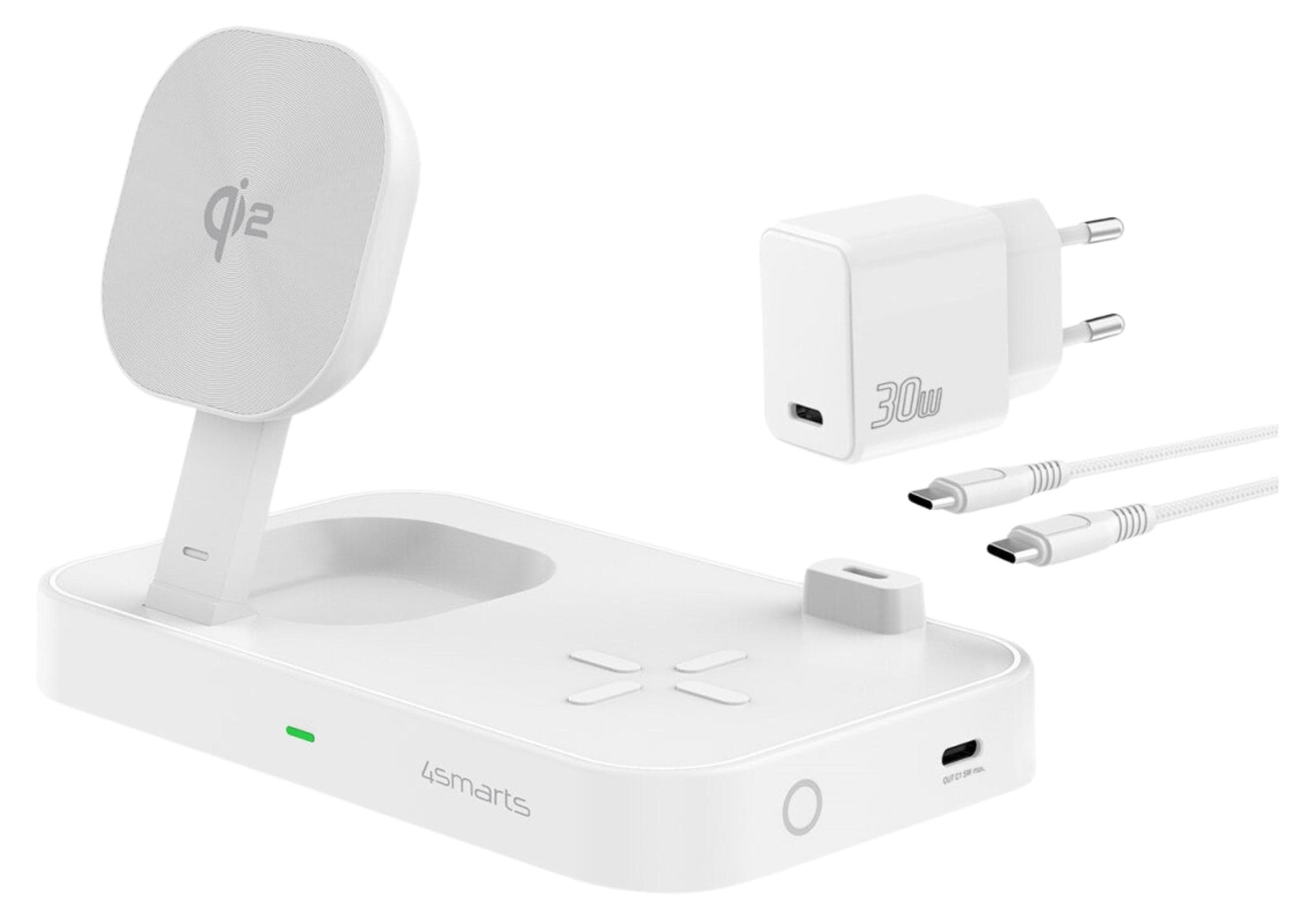 Двойна поставка (пад) за безжично зареждане за iPhone с MagSafe, Apple Watch, AirPods Pro и Qi съвместими мобилни устройства - 4smarts Qi2 Charging Station Trident (бял)