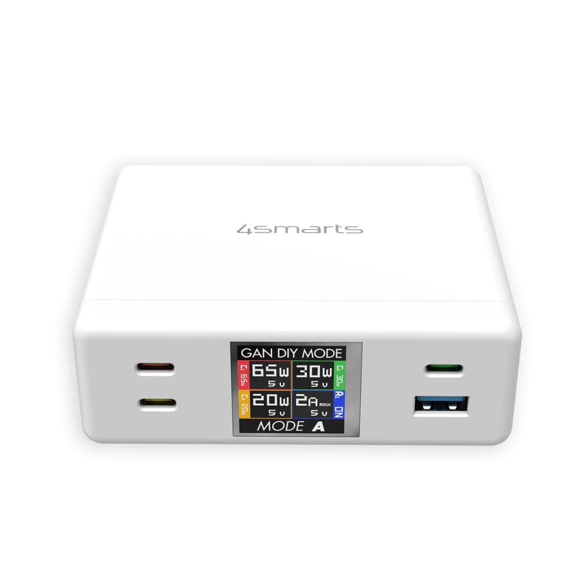 Захранване за ел. мрежа за лаптопи, смартфони и таблети с 1xUSB-A и 3xUSB-C изходи с технология за бързо зареждане - 4smarts Desk Charger GaN DIY MODE 130W (бял)